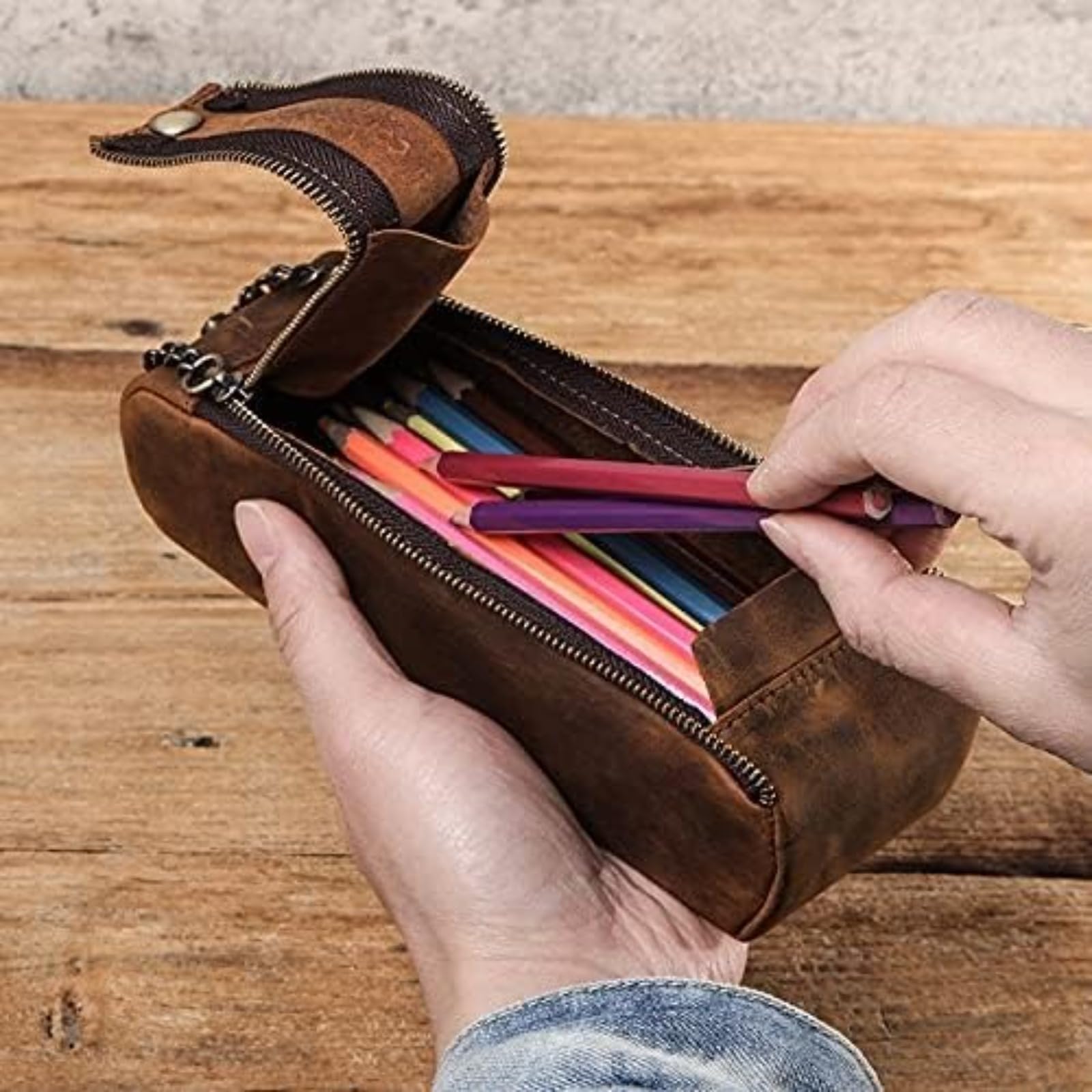 Crazy Horse, astuccio in pelle vintage, con cerniera e catena in metallo, borsa per cancelleria in vera pelle retrò, per scuola, ufficio, adulti e uomini