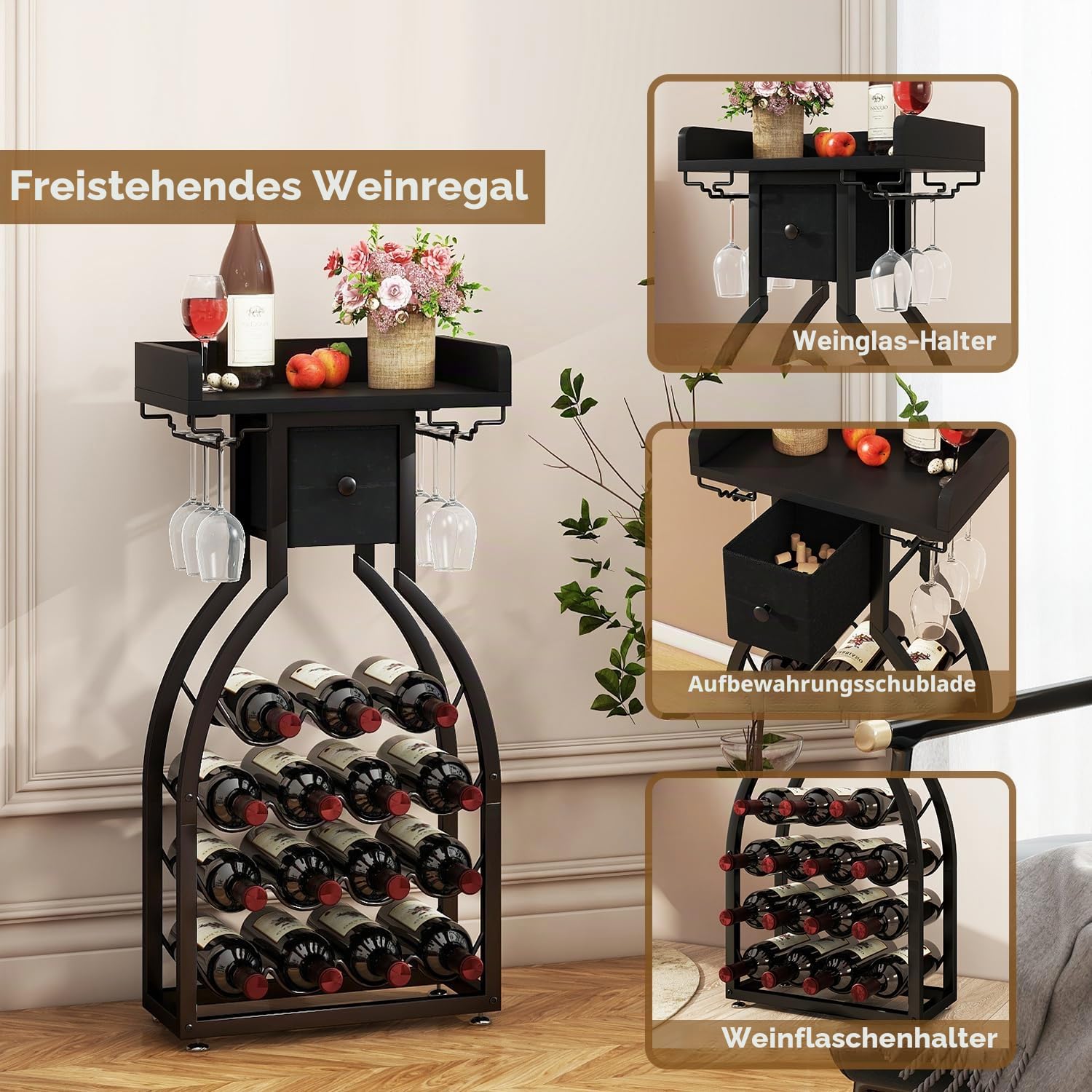 IBUYKE Weinregal Freistehend für 15 Flaschen,Mini Barregal,Schwarz TMJ908B