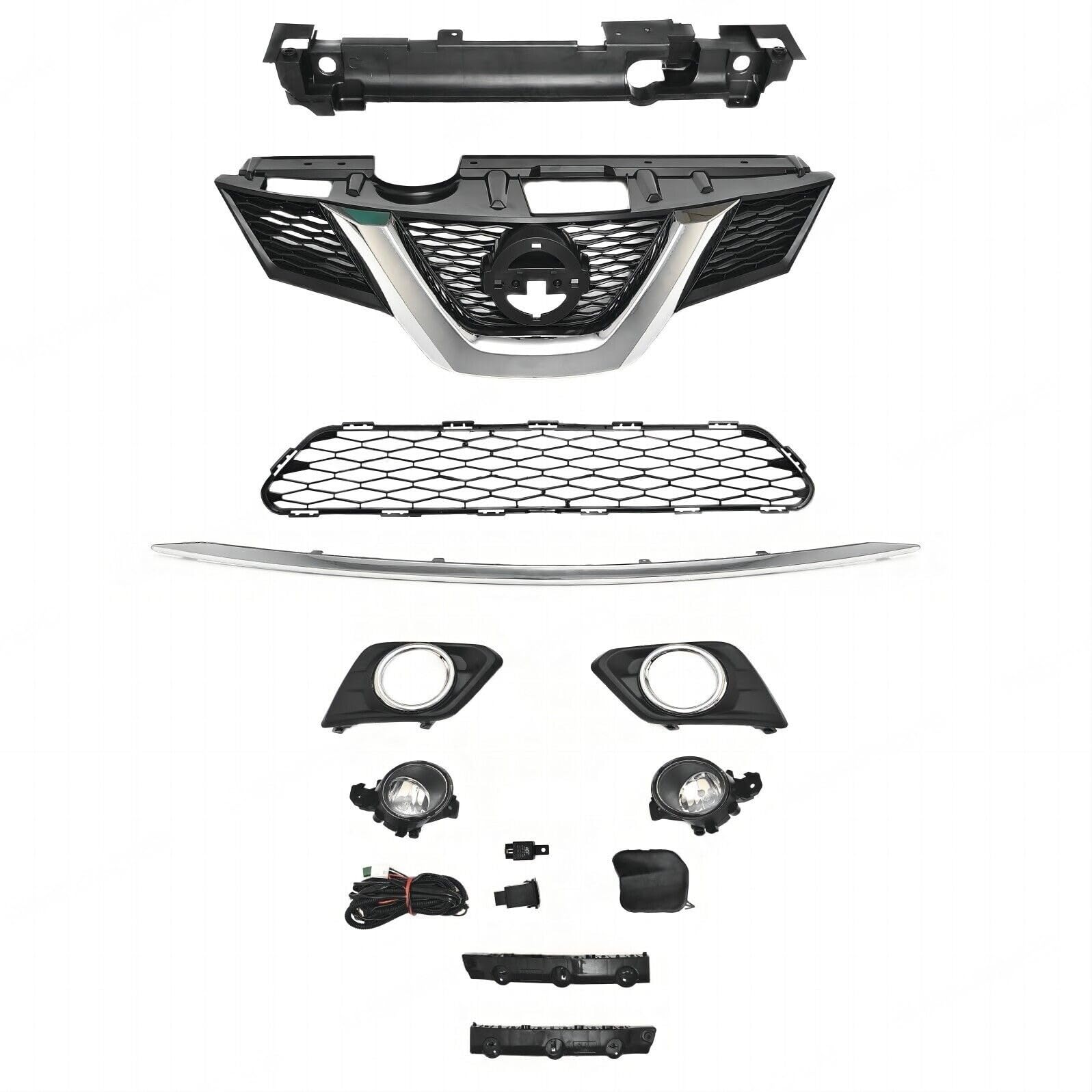 Suitable for 11PCS Chrome & Black Honeycomb Style Front Upper Grille & Lower Mesh Molding Trim with Fog Lights for 2014-2016 Nissan Rogue