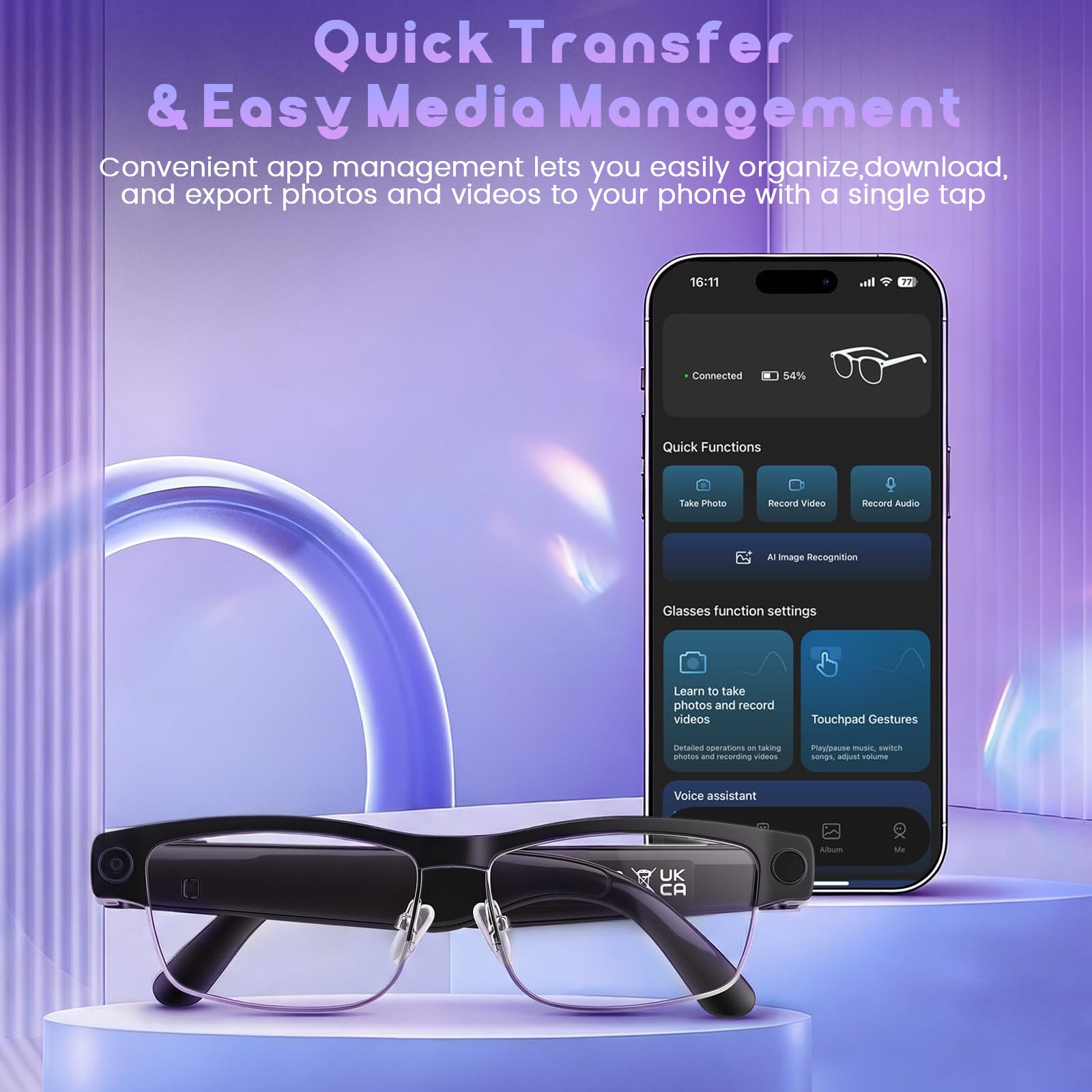 Gafas Inteligentes con Cámara AI 1080P HD, Gafas con Cámara para Video Foto Traducción de Voz, Lentes Fotocromáticas Luz Azul, Batería 270mAh IP65 Impermeable para Outdoor Ciclismo Senderismo Viajes