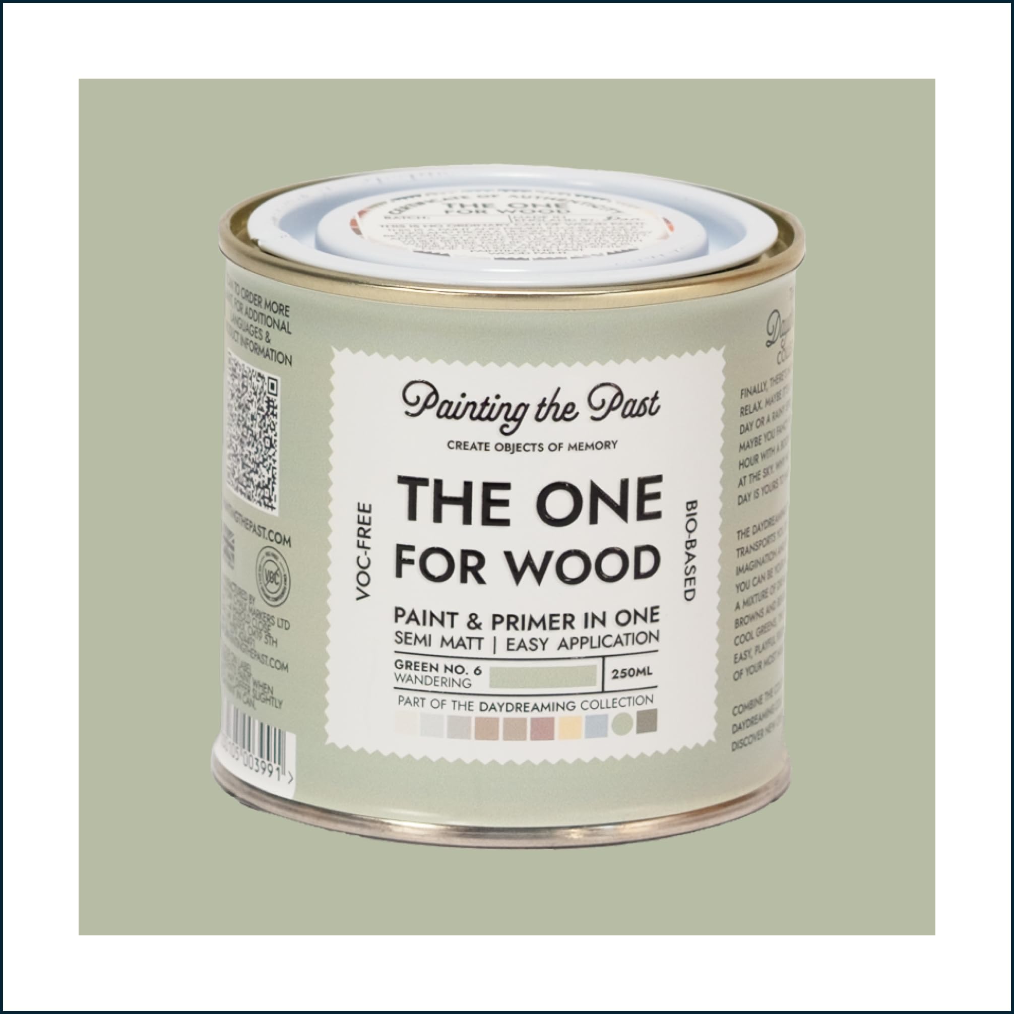 The One for Wood Paint & Primer 250ml Green No. 6 Wandering | Semi Matt Finish, Bio-Based & VOC-Free Formula for Wooden Furniture & Surfaces | Durable & Easy Indoor Home Decorating