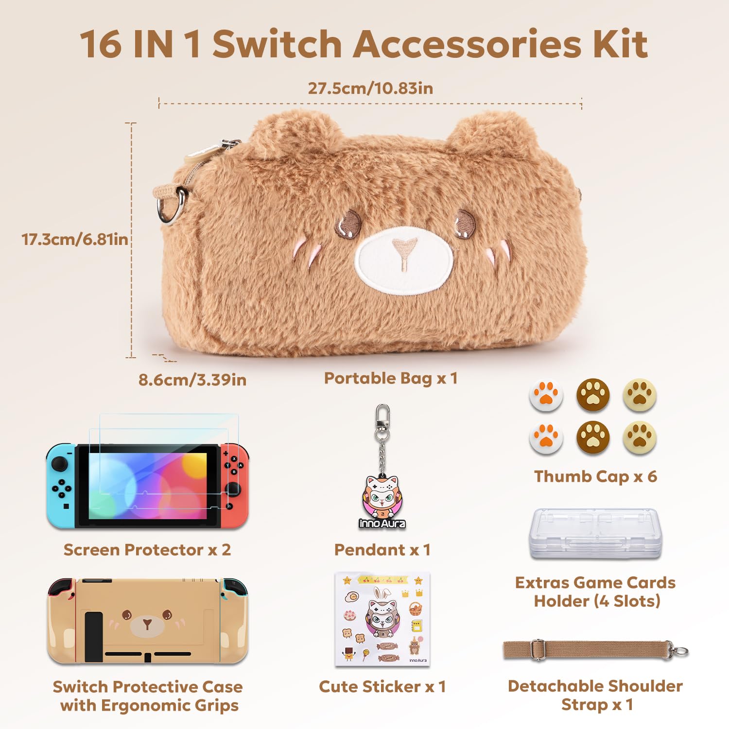 Étui innoAura pour Switch, Ensemble d'accessoires 16-en-1 avec Housse de Transport, Protecteur d'écran et Capuchons pour Pouces (Ours Brun)