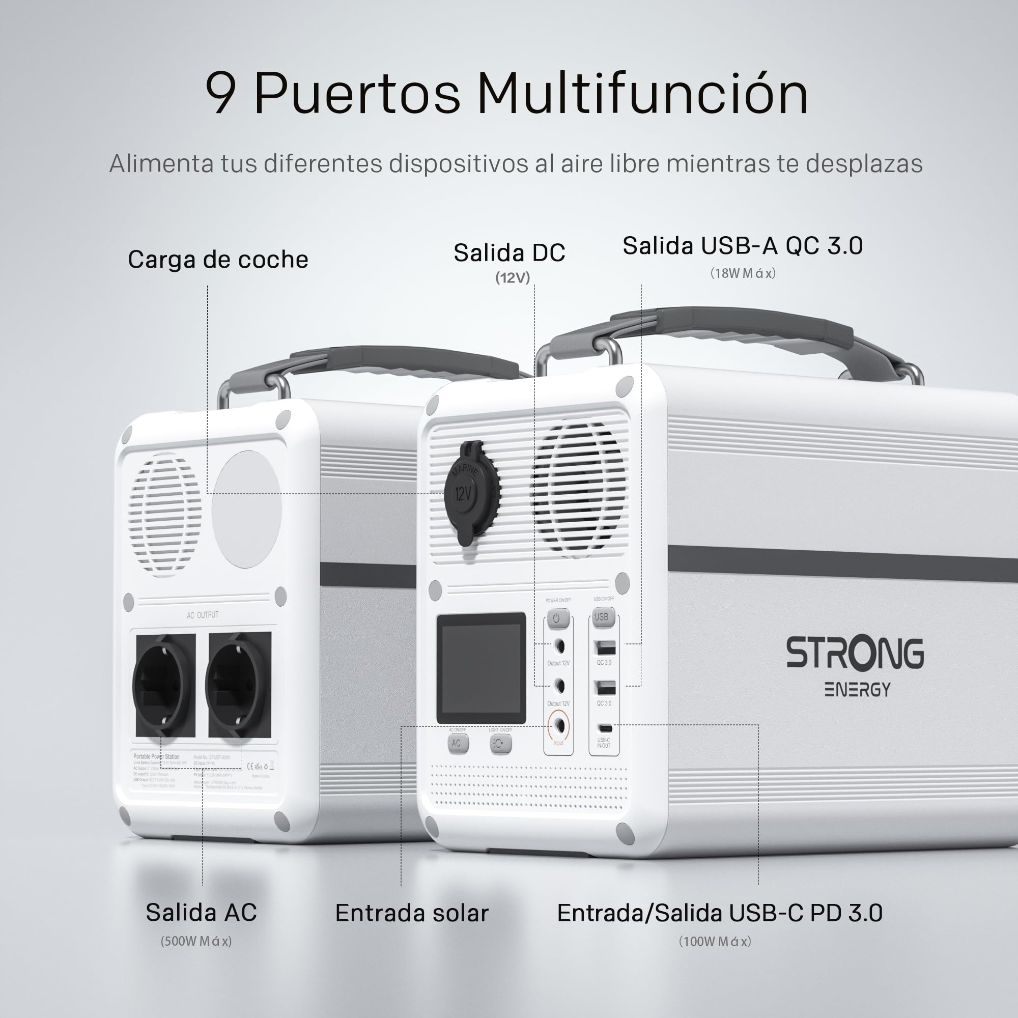 STRONG P500 Estación de Energía Portátil, Batería LFP 460,8Wh, Generador Solar 500W Peak, Carga Solar/DC/Coche, Tecnología MPPT, Protección BMS, QC3.0+PD100W para Acampada, Viajes y Emergencias