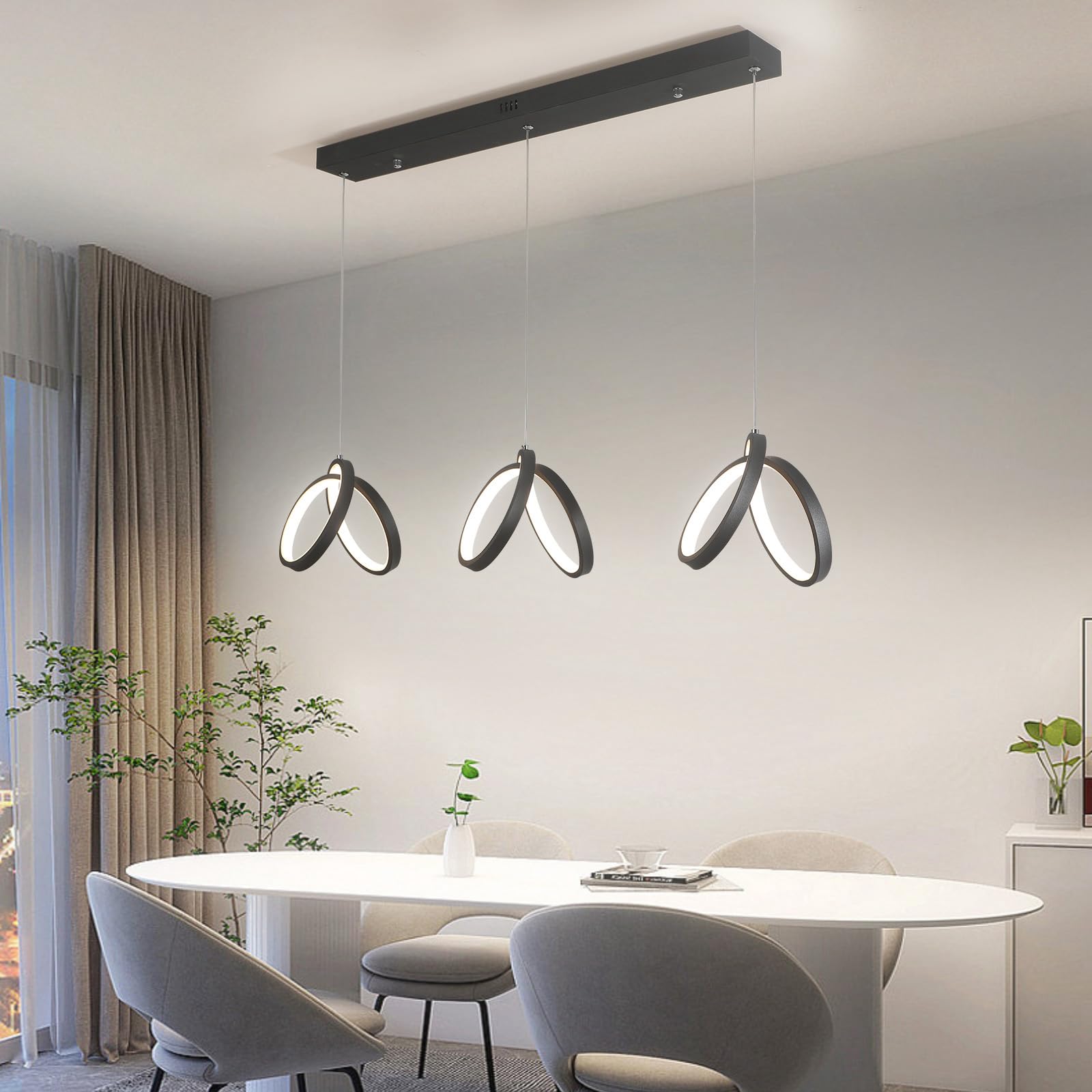 Modern Island Chandelier, with Remote Dimmable and Samrt Lamp APP, Adjustable Pendant Light Black Ceiling Lamp Fixtures, for Kitchen Island, Dining Room, Bedroom (3 Pendant Lights)