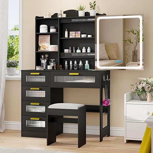 Miniatura 2 de Vanity Desk with Mirror and Lights, RGB LED Makeup Vanity Desk with Charging Station, Vanity Table with Stools＆Sliding Mirror, Women's Vanity Set