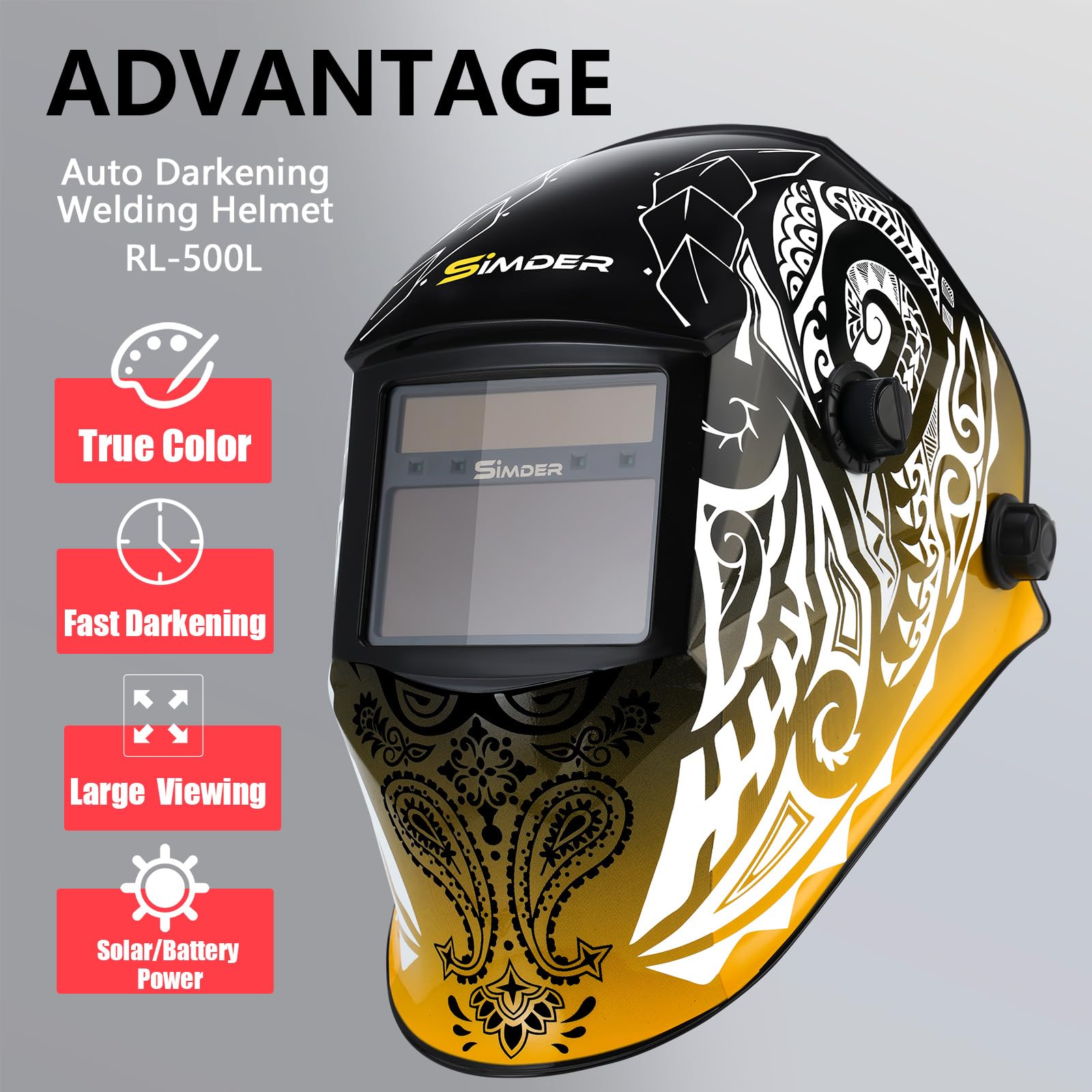 SSIMDER Welding Helmet Auto Darkening True Color, 1/1/1/2 Optical Clarity Solar Powered Welding Hood, Wide Shade 4/9-13 for TIG/MIG ARC Welder/Cutter/Grinding -ZDTK-500L