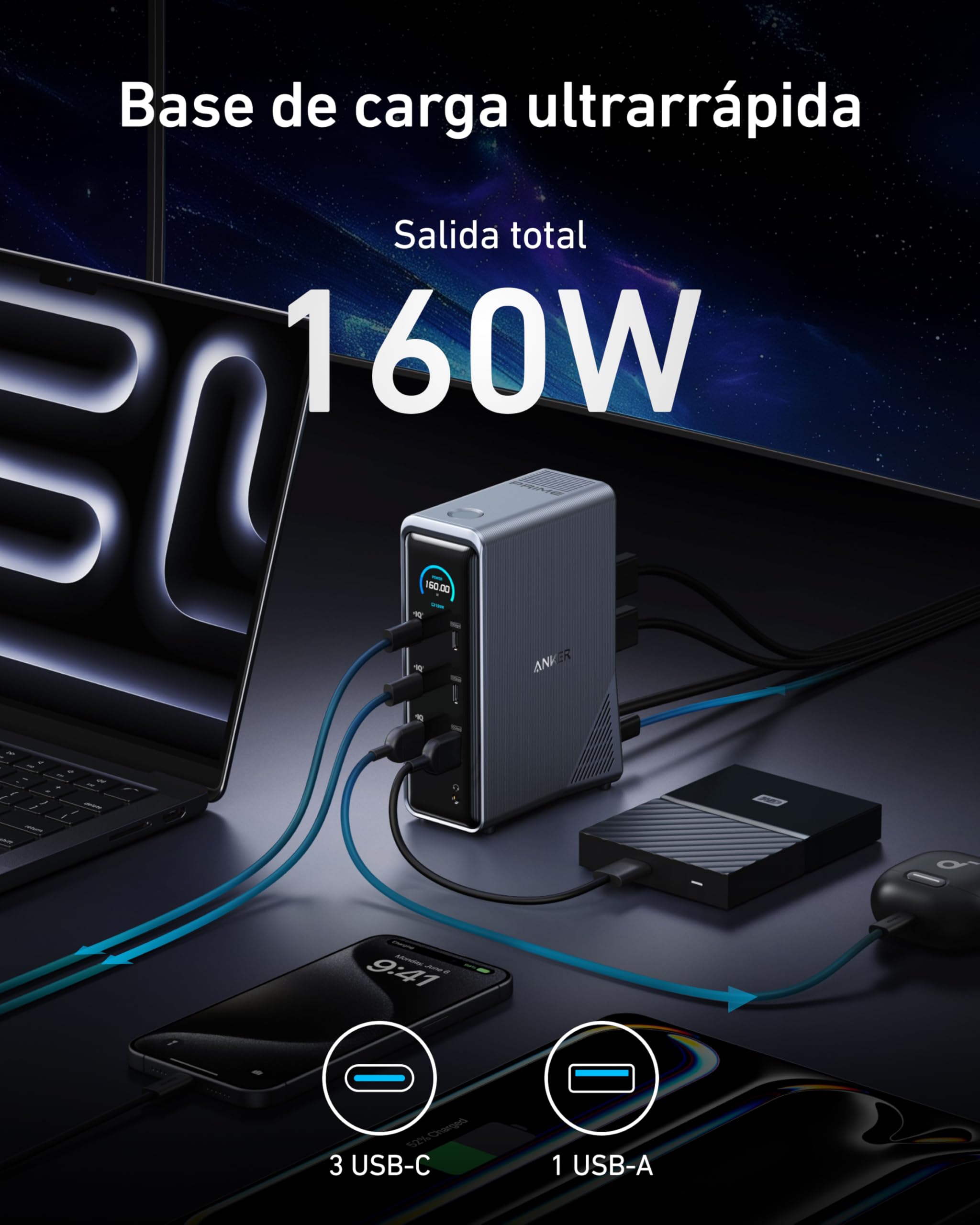 Anker Prime Docking Station 160W, 3 puertos USB-C, 100 W máx. cada uno, 1 puerto USB-A a 12 W máx. , transferencia de datos rápida de 10 Gbps, puertos de audio y Ethernet, pantallas duales 4K | 3 USB C de hasta 100 W, 1 USB A de 12 W, audio y Ethernet