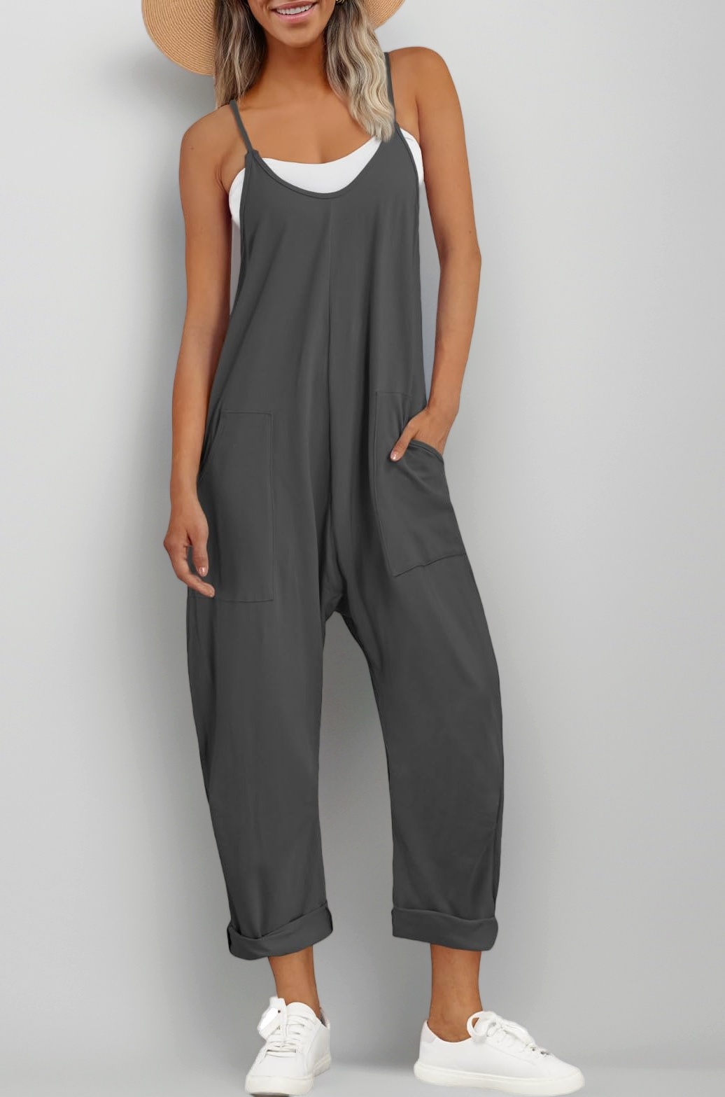 AUTOMET Jumpsuits for Women Casual Summer Rompers Sleeveless Loose Spaghetti Strap Baggy Overalls Jumpers with Pockets 2023