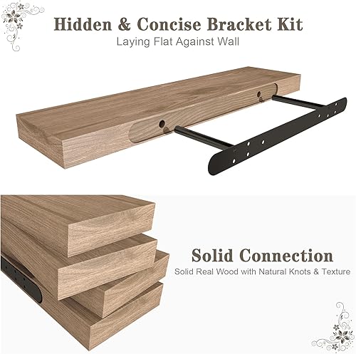 Miniatura 5 de Juego de 2 estantes flotantes de madera, madera natural rústica de 36 pulgadas, estantes de almacenamiento rústicos montados en la pared para