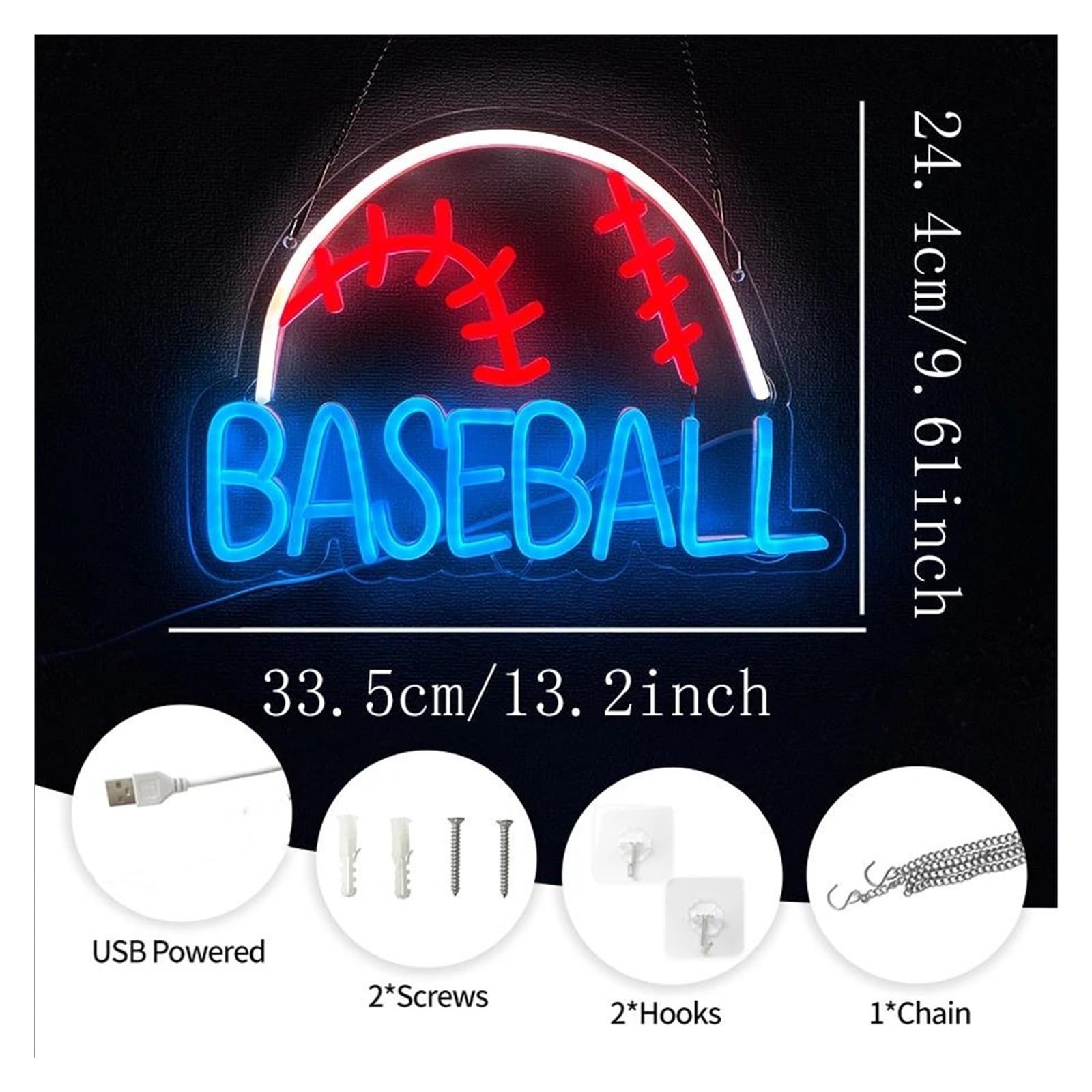 Luces de neón Letrero De Neón Baseball Con Luz Deportiva, Alimentación Por USB, Ideal Para Gimnasios, Negocios, Dormitorios, Decoración De Pared 33.5cmx25.4cm
