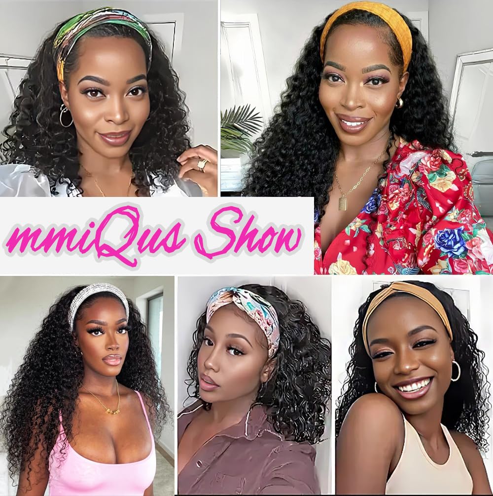 Long Headband Wig Human Hair Water Wave Human Hair Wigs for Black Women Curly Half Wig None Lace Front Wigs 180% Density Brazilian Virgin Hair Wig Natural Black Color 26 Inch