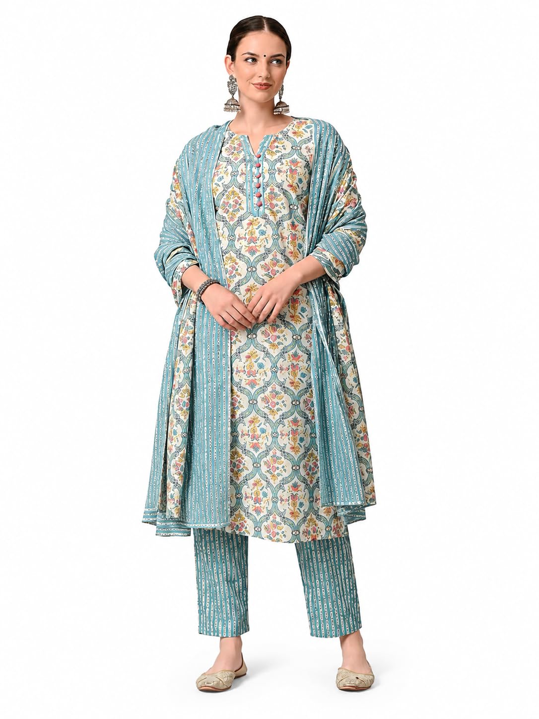 amazon brand - tavasya Womens Floral Printed Regular Pure Cotton Kurta with Trousers & Dupatta | Kurta Set | Salwar Suit | Ethnic Wear-picture-14