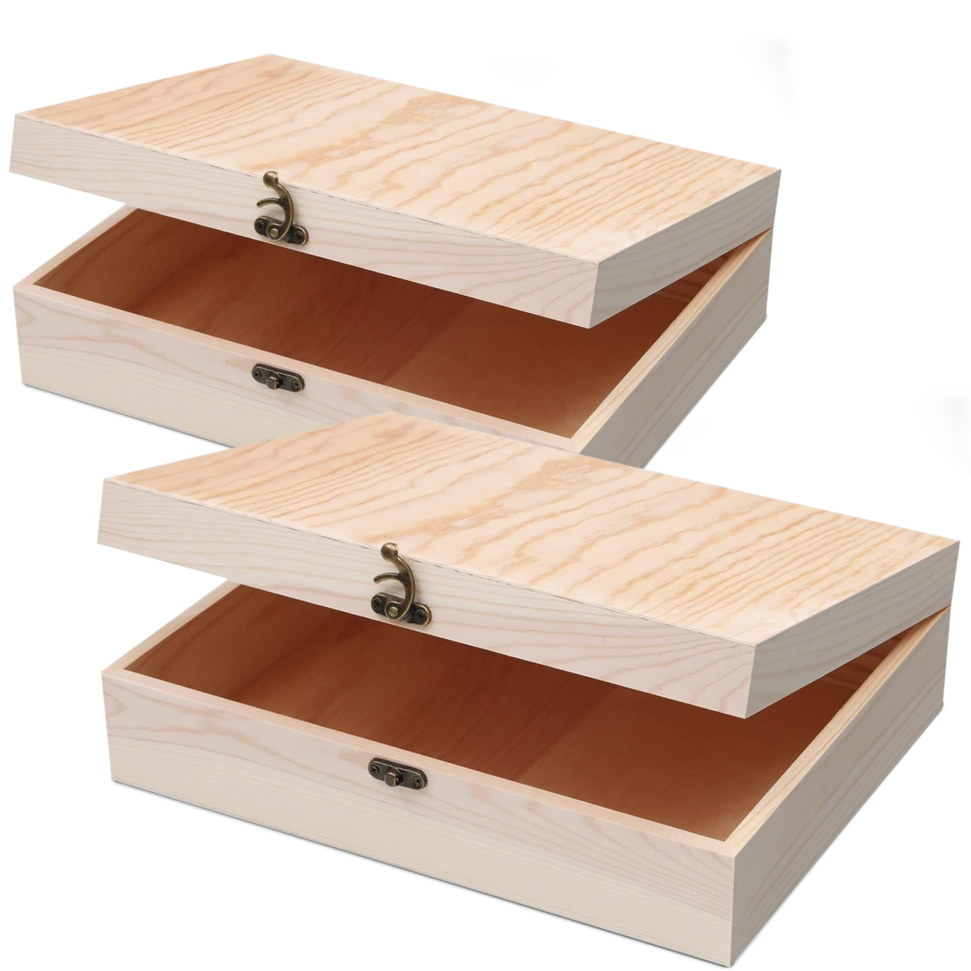 VIKOS Products (2-Pack) Unfinished Wooden Box with Hinged Lid for Crafts DIY Storage Jewelry Pine Box - 12" x 9.2" x 3.3"