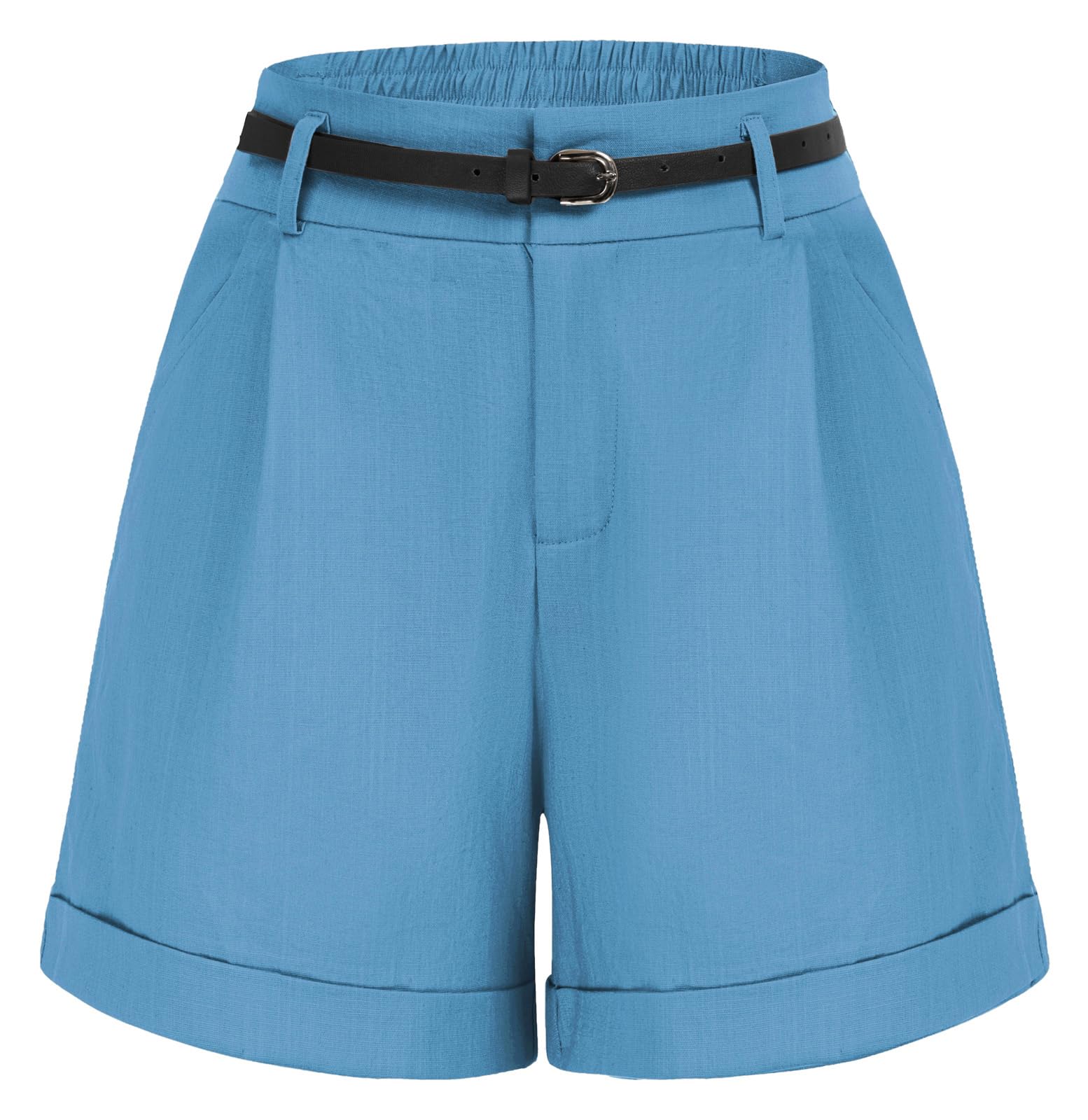 Belle Poque Women Bermuda Shorts Elastic Waist Wide Leg Shorts with Pockets &amp; Belts