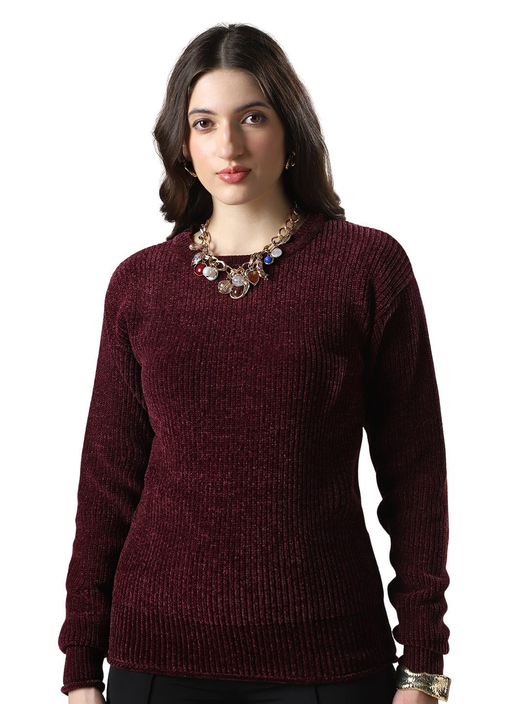 Globs Women Self Design Round Neck Drop Shoulder Long Sleeves Acrylic Knitted Pullover Sweater-image-38
