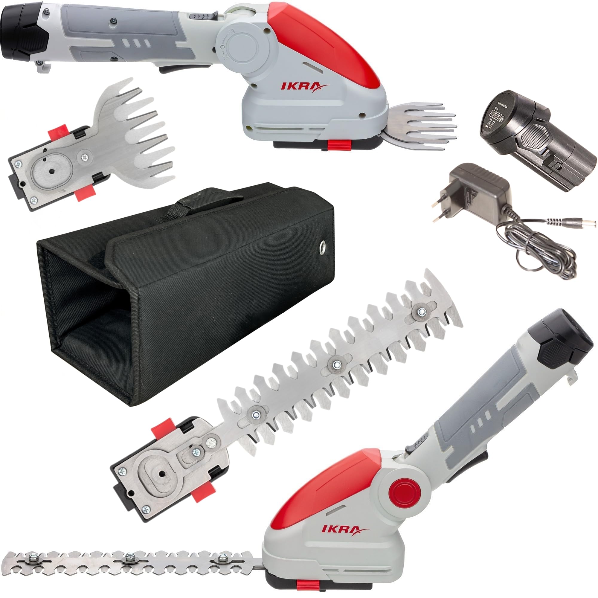 IKRA Akku Grasschere & Strauchschere IGBS 1210 2in1, inkl. Tasche | Inkl. Akku 12V & Ladegerät, 7-fach winkelverstellbarer Griff, Messer Made in Germany, kompatibel mit IKRA 12V Akku-Familie