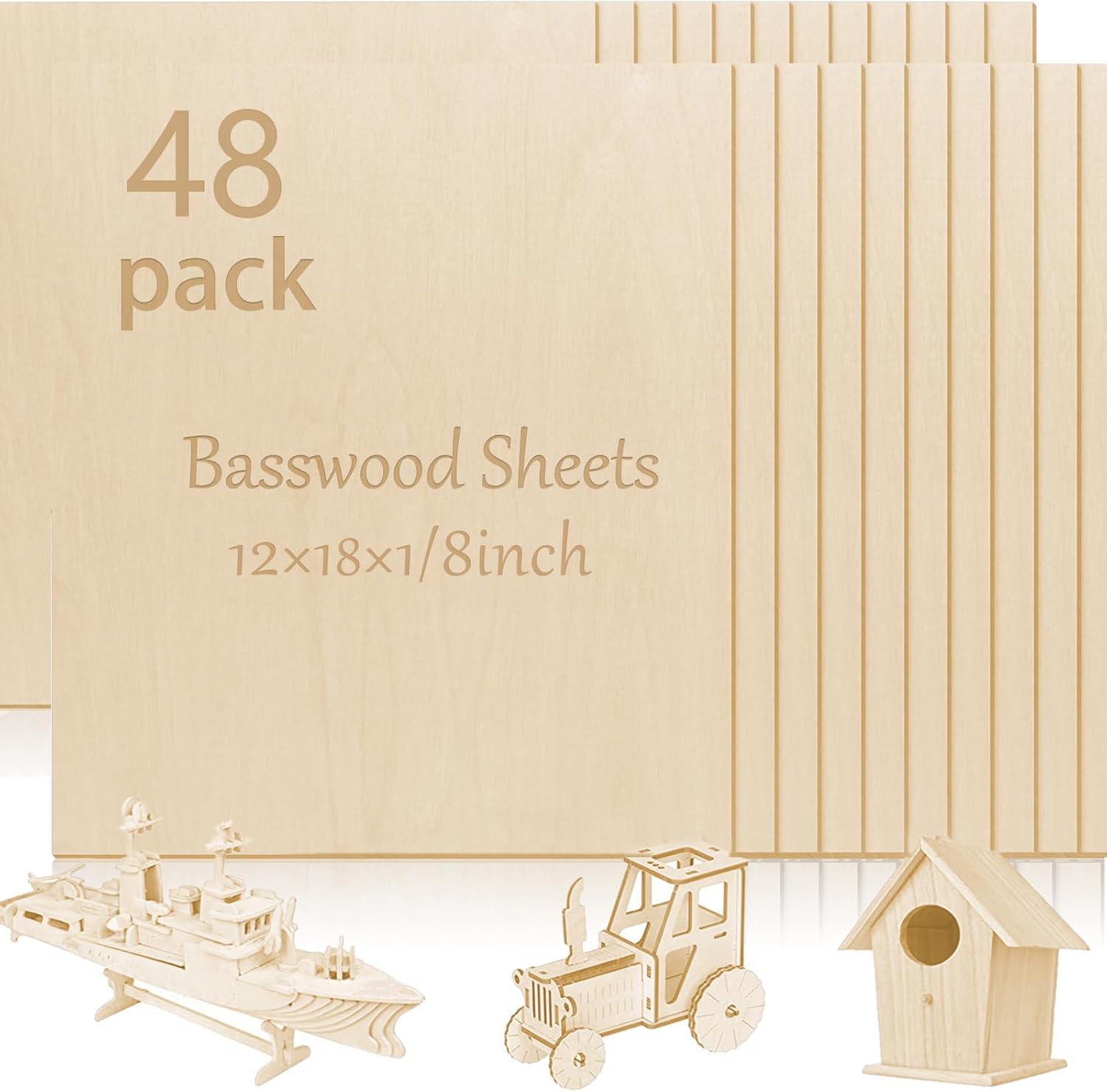 48 Pcs Basswood Sheets Plywood, 12 x 18 x 1/8 Inch - 3mm Thick Unfinished Wood Board for Crafts for Laser Cutting & Engraving, School DIY Projects, Painting, Fretwork, CNC Cutting, and Wood Burning 12 x 18 inch ?48pack? Basswood