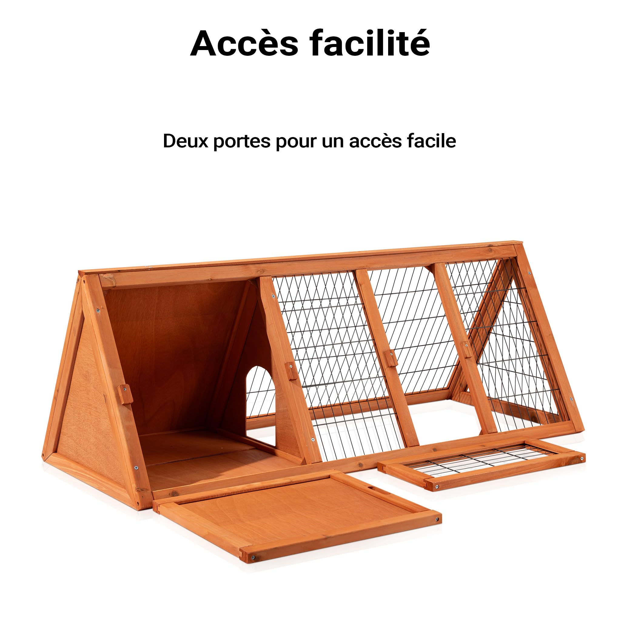 Wiltec Clapier Triangulaire – 1180 x 500 x 450 mm – Bois épicéa – avec 2 Portes, Enclos et Refuge – Abri Cage pour rongeurs Lapinière Nichoir Espace Libre pour Petits Animaux