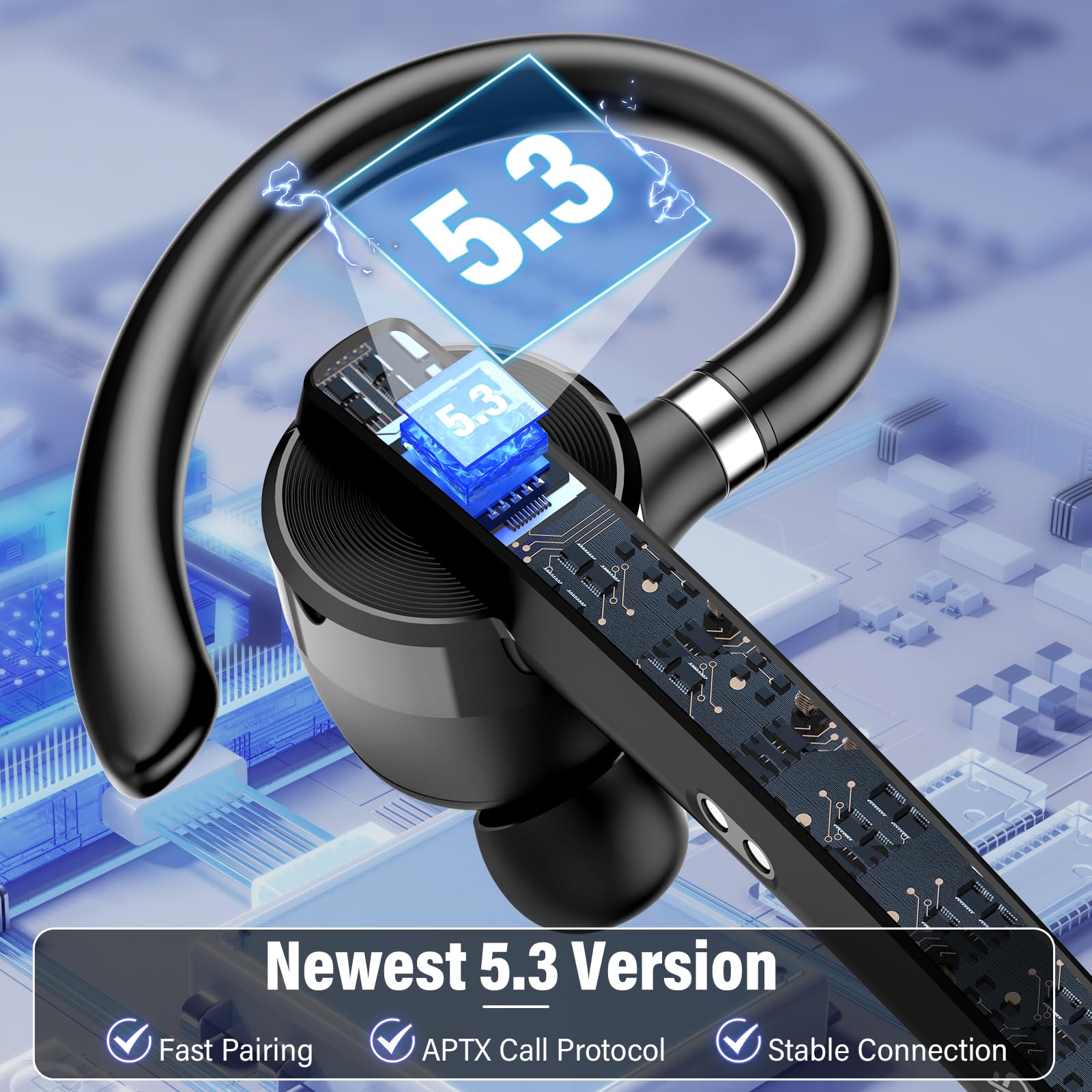 Thunelec Auriculares Manos Libres, 90 Horas aptx Auricular Bluetooth Mono con Doble Mic Cancelación de Ruido, Conexión Dual, Botón Mudo, Auriculares Manos para Camioneros, Negocios y Deporte, Azul
