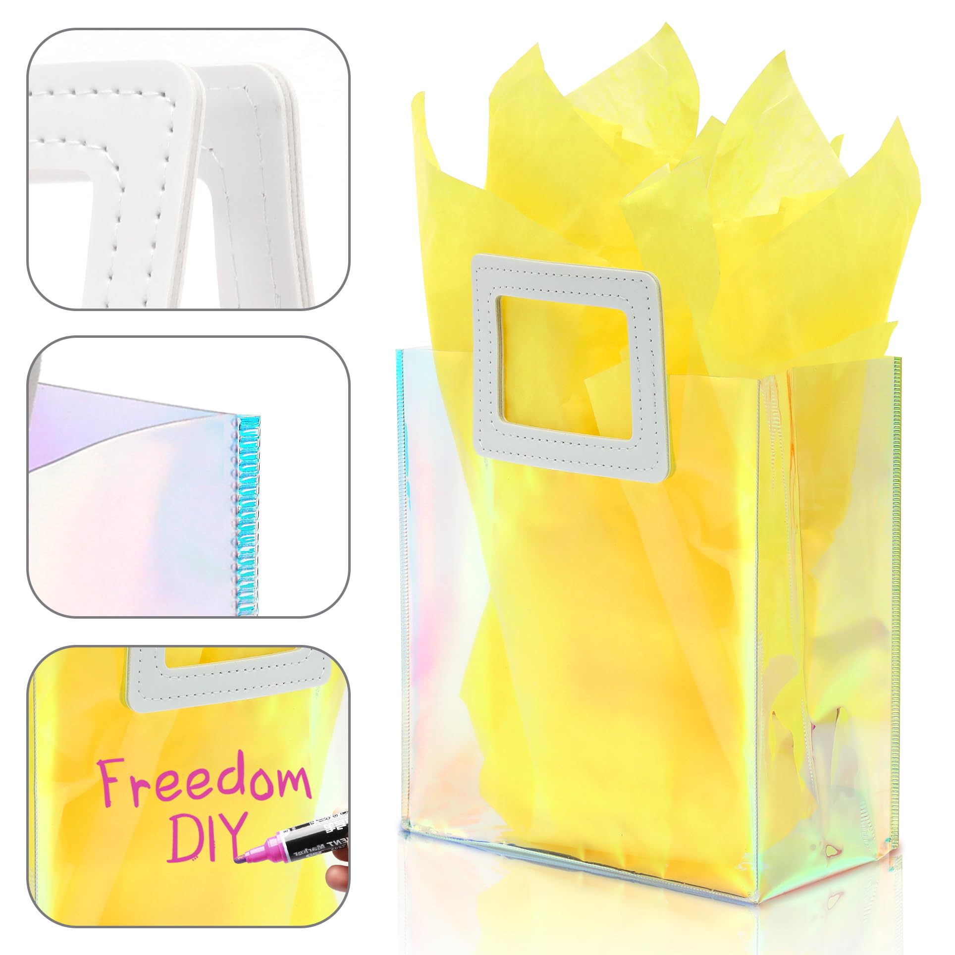 KeerxunBag 1 Pack Holographic Gift Bags with Handles & 2 Tissue Paper Sheets – Iridescent Transparent Reusable Bags for Women, Girls, Birthdays, Weddings，Yellow Gift Bag