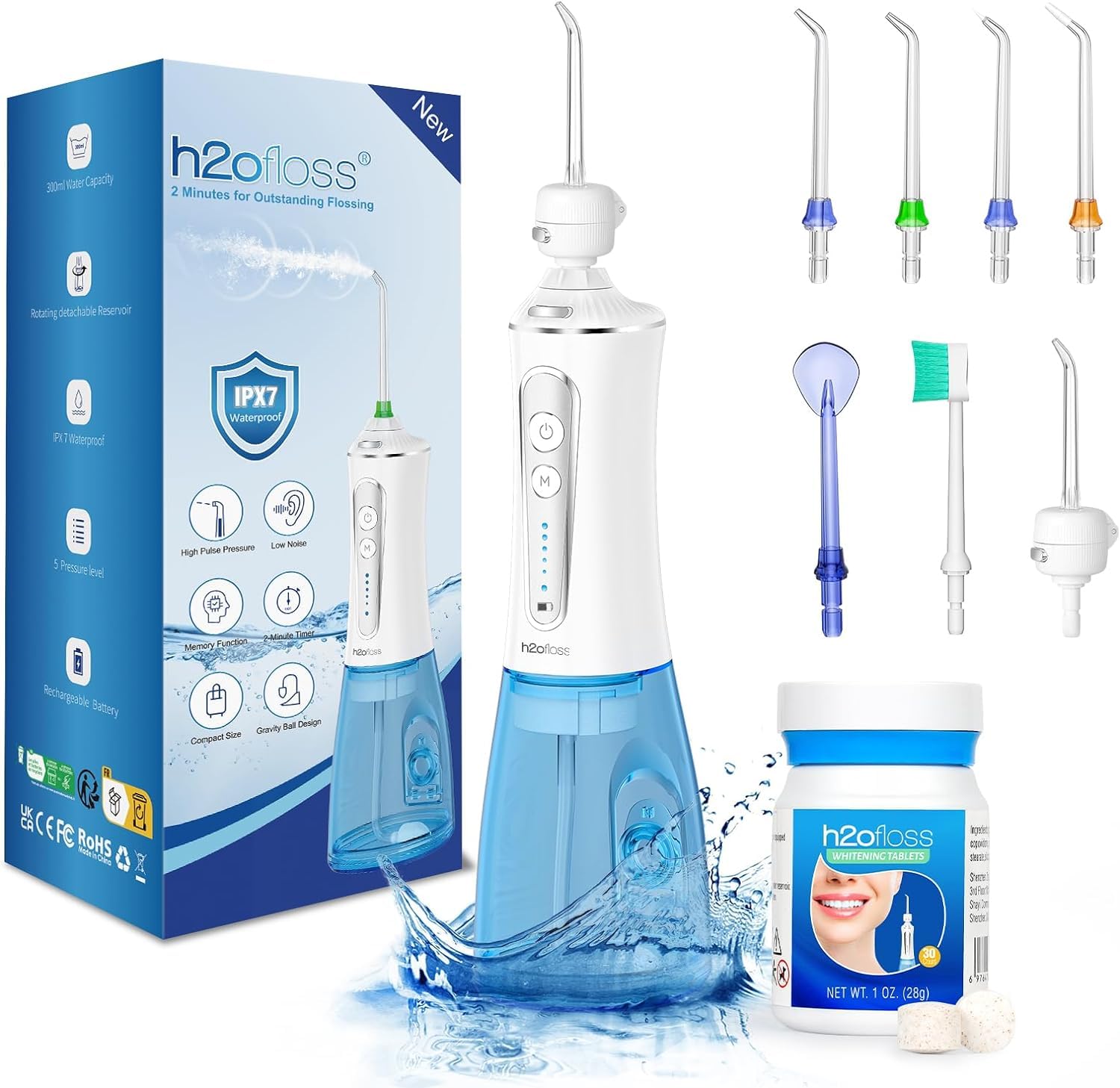 H2ofloss 2023 upgraded whitening water floss, portable and rechargeable, gentle teeth whitening, IPX7 waterproof (P11White)