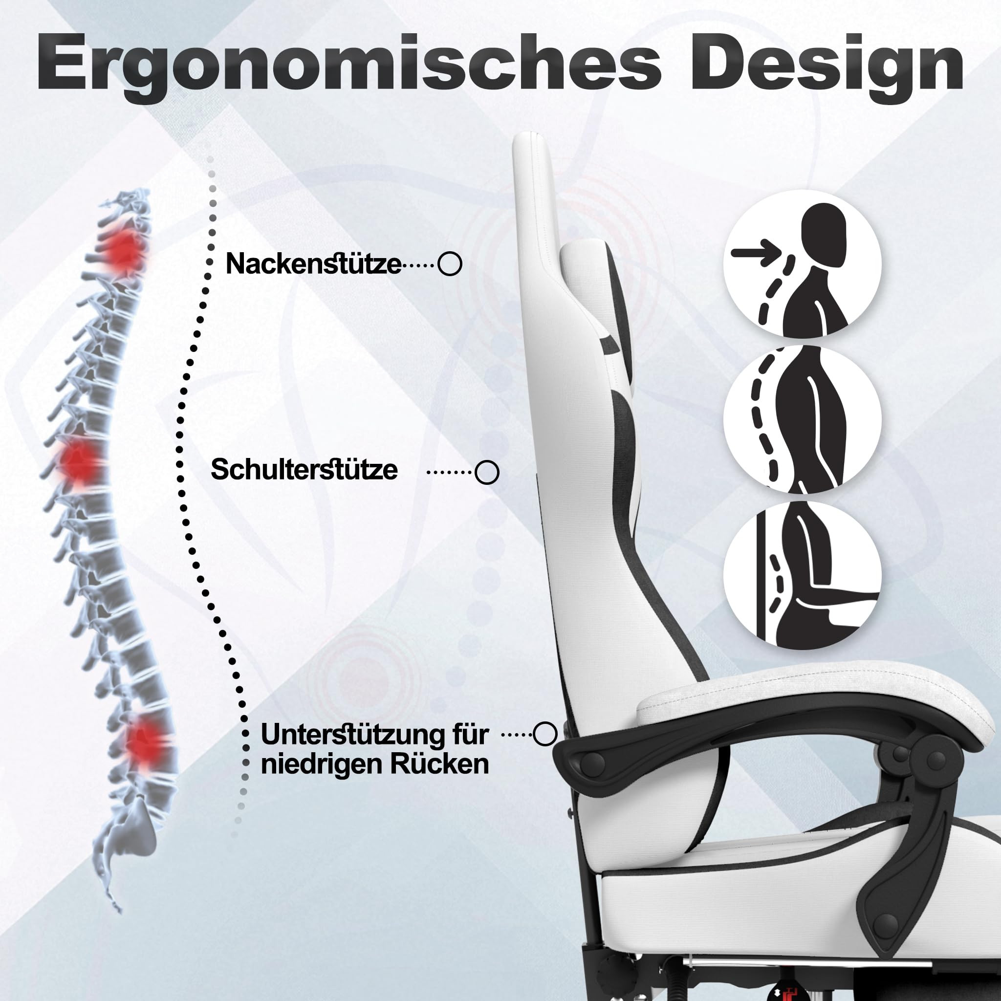 Fotel gamingowy z masażem wibracyjnym i podnóżkiem, ergonomiczny fotel e-sportowy z poduszką, podłokietnikami, krzesło biurowe, do 135 kg, z regulacją wysokości, biały, welurowy