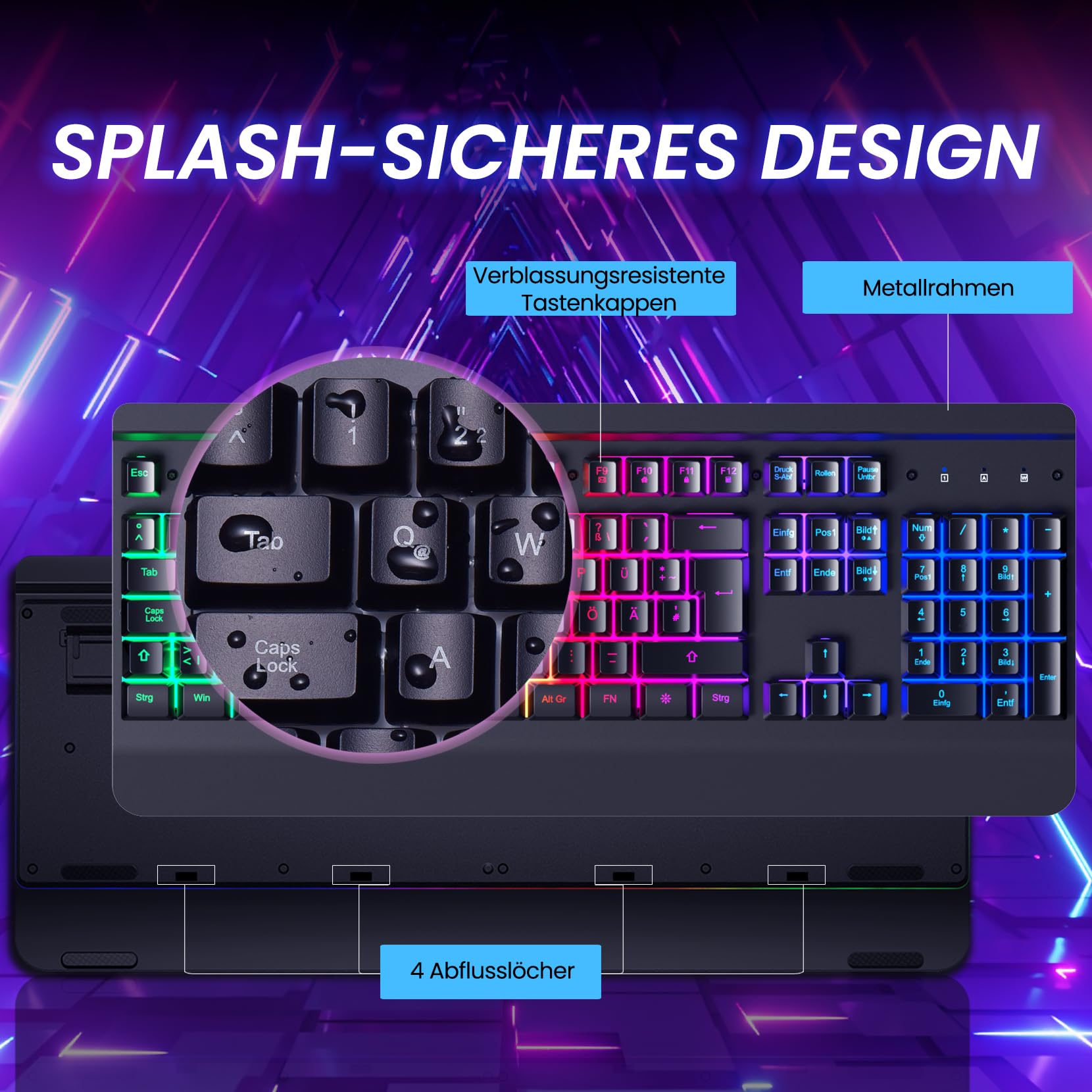 RisoPhy Gaming Tastatur, QWERTZ, Vollmetallgehäuse, Regenbogen-LED-Hintergrundbeleuchtung, Leise Computer Tastatur, Handballenauflage, Beleuchtet Tastatur mit Kabel USB für PC und Mac Gamer