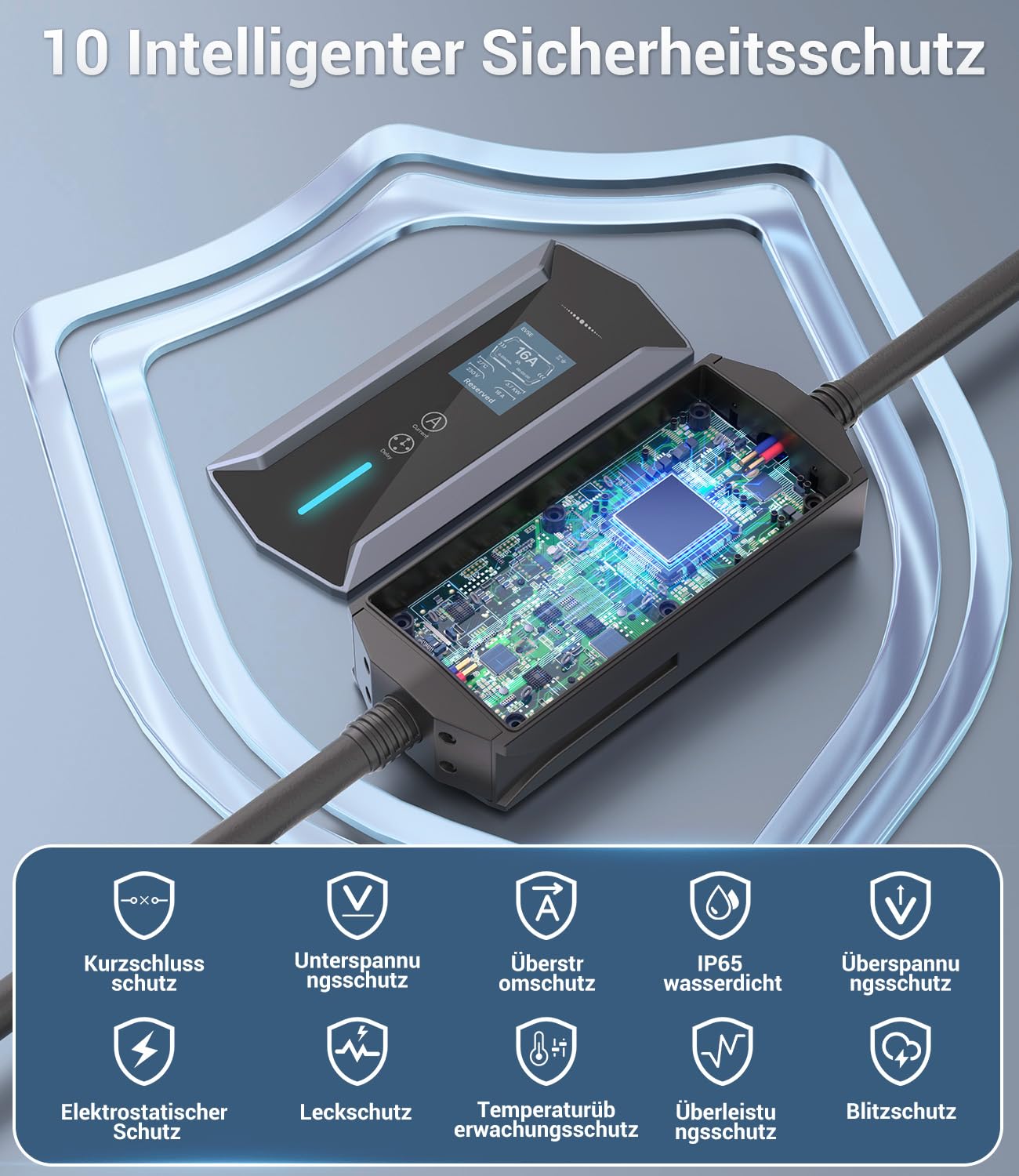Typ 2 Ladekabel Schuko 3,7kW - 7m|6-16A|1-phasig Tragbare EV Ladegerät IP65 Wasserdicht mit LCD-Anzeige, Einstellbarer Ladeleistung, Einstellung Startzeit, für Allen EVs(IEC 62196-2) & PHEVS