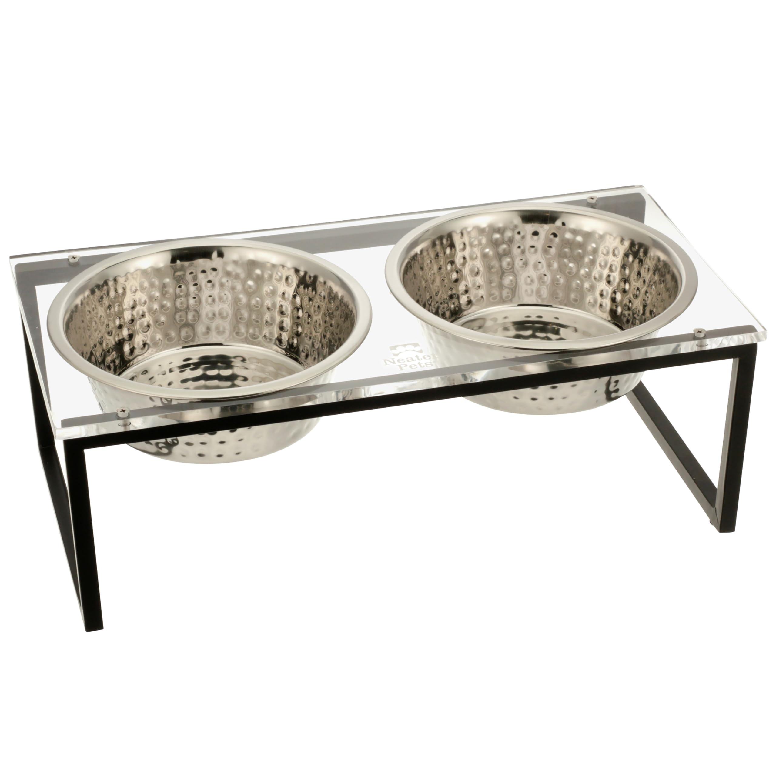 Neater Pets Elevated Pet Bowls for Cats and Dogs, Raised Acrylic Stand with Stylish & Modern Hammered Stainless Steel Food Bowl and Water Bowl (Large, 7 Cup Bowls)