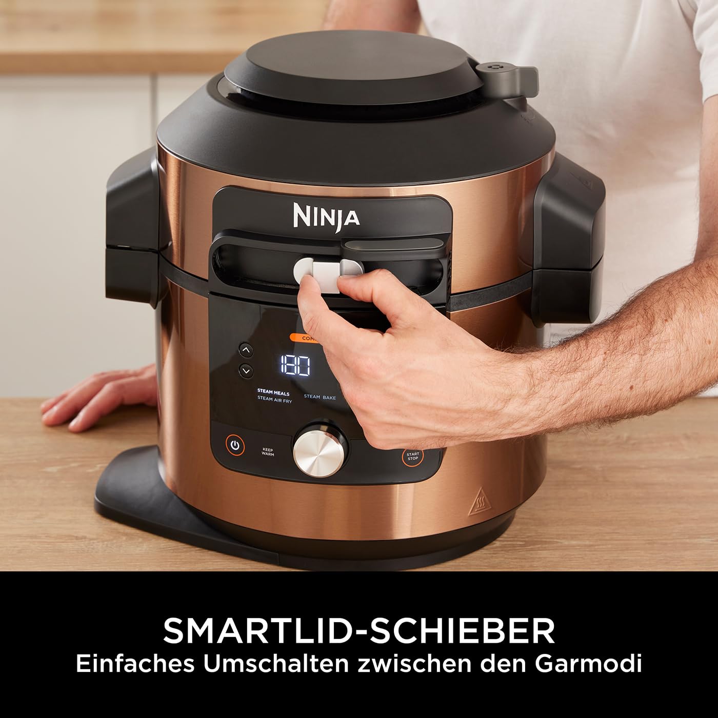 Ninja Foodi MAX Multikocher mit SmartLid, 7,5L, 12-in-1 Multicooker, Pressure Cooker Schnellkochen, Air fryer Heißluftfrittieren, Slow Cooker Langsamkochen, Kupfer/Schwarz, Amazon Exklusiv, OL650EUCP