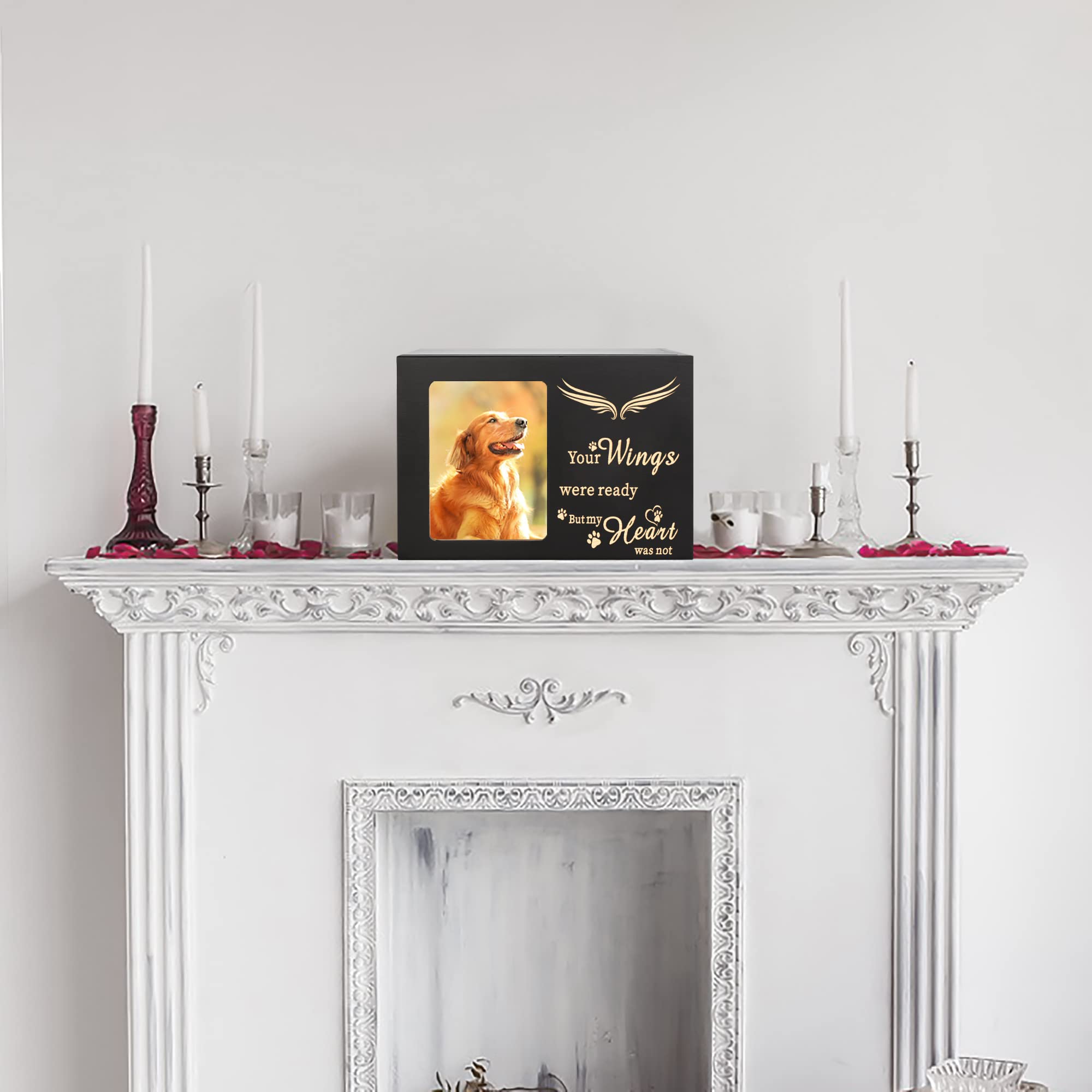 Pet Memorial Urns for Dog or Cat Ashes, Wooden Personalized Funeral Cremation Urn with Photo Frame, Memorial Keepsake Memory Box with Black Flannel as Lining, Loss Pet Memorial Gift (L - Wing)