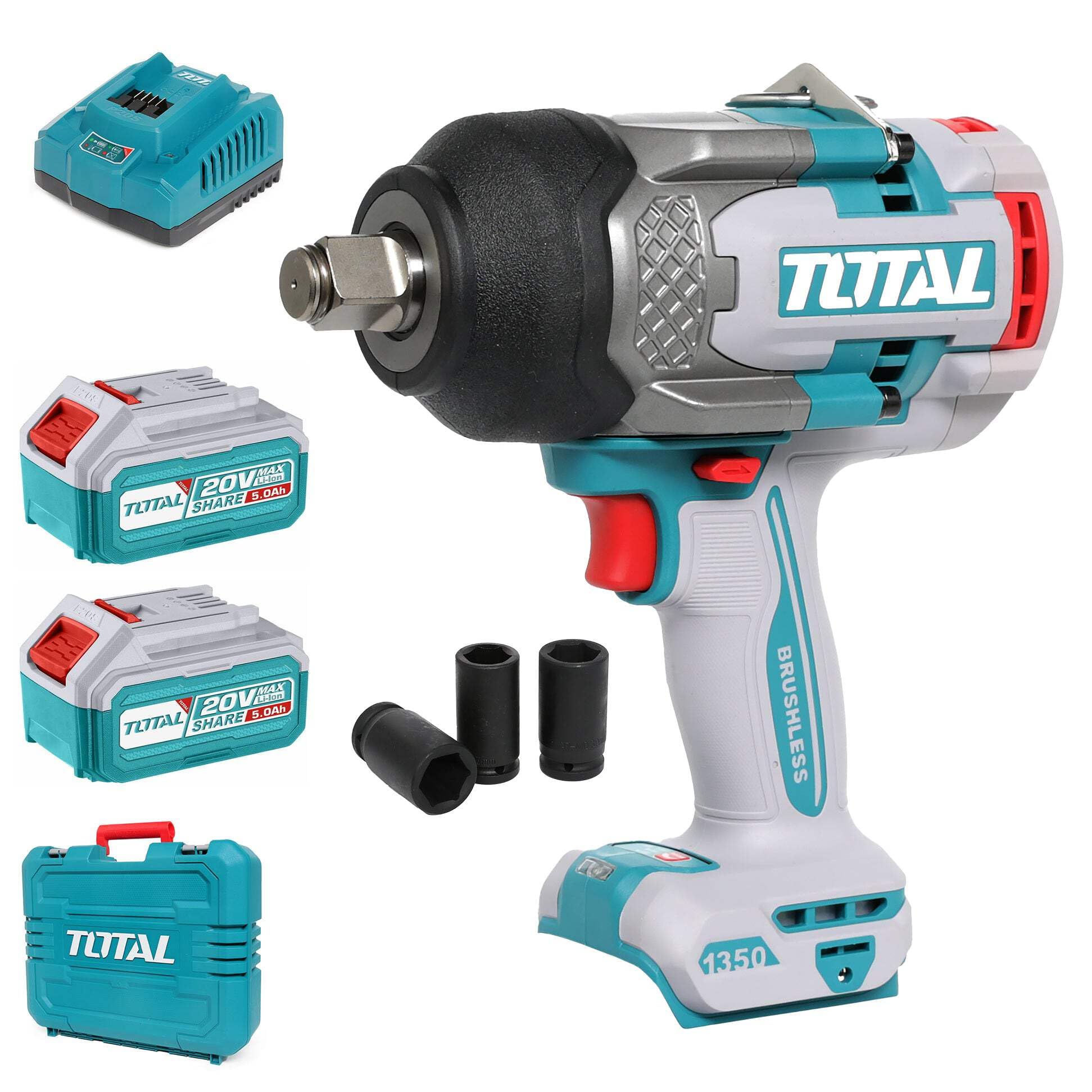 TOTAL Li-Ion 20V Cordless Impact Wrench (with 2 x Batteries & Charger) - TIWLI20135E