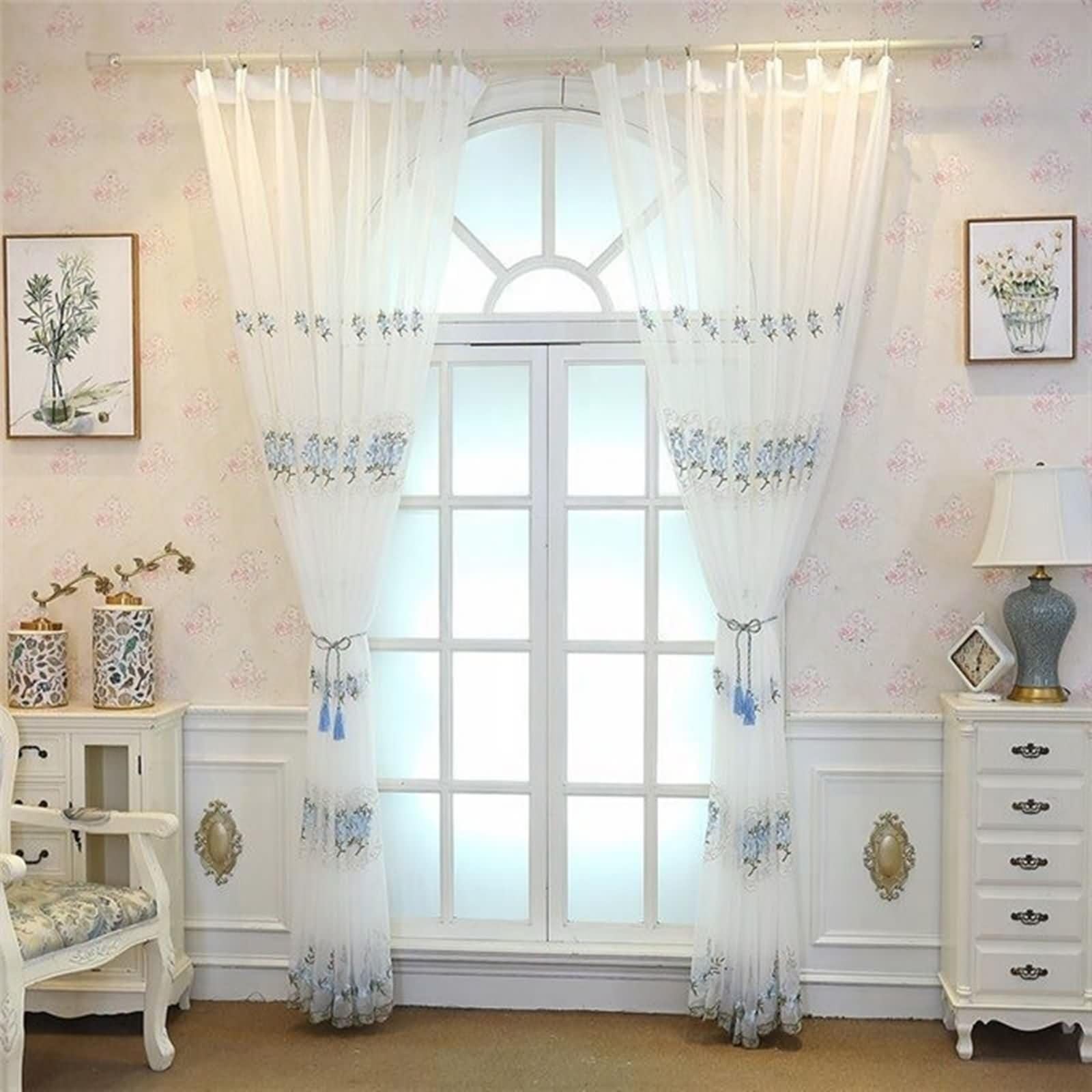 Vorhang Halbtransparent Schlafzimmer 200 x 270, Vorhänge Für Fenster 2er Set mit Haken Uniweiß mit Blumenstickerei, Polyester