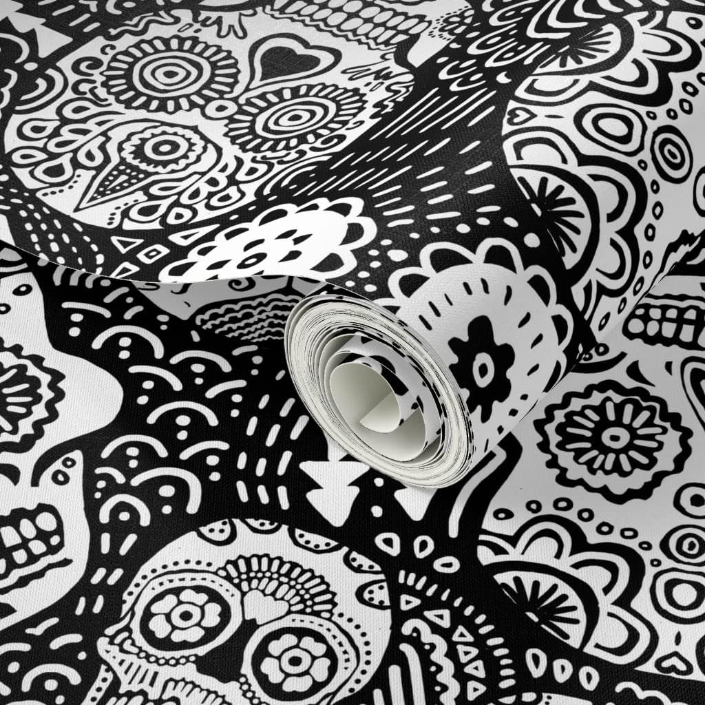 Peel & Stick Wallpaper 9ft x 2ft - Mexican Sugar Skulls Black White Extra Small Skull Coloring Halloween Custom Removable Wallpaper by Spoonflower