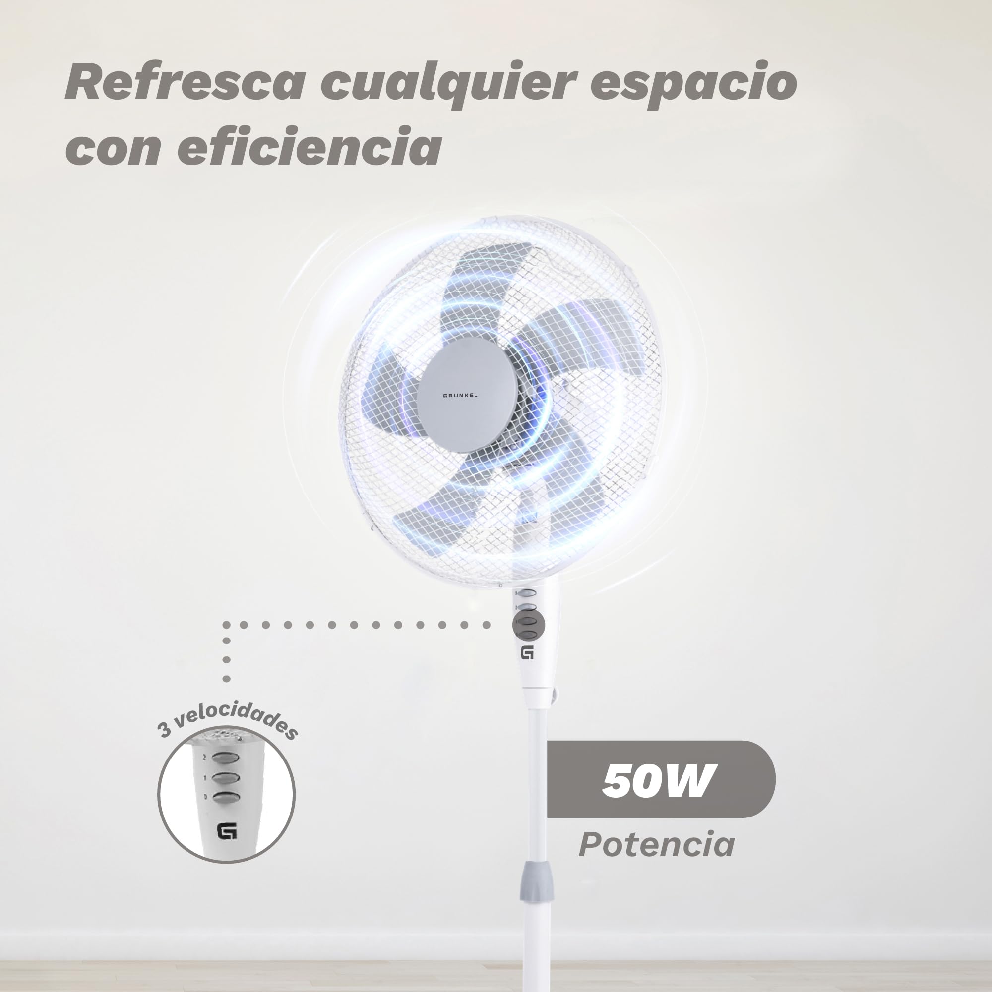 Grunkel Ventilador de Pie FAN-165 de 50W- 16" 40cm de diametro con 3 Velocidades y 5 aspas, Altura Regulable hasta 118cm. Cabezal inclinable, oscilación 90° y cable de 1,4m - 50W (Blanco)