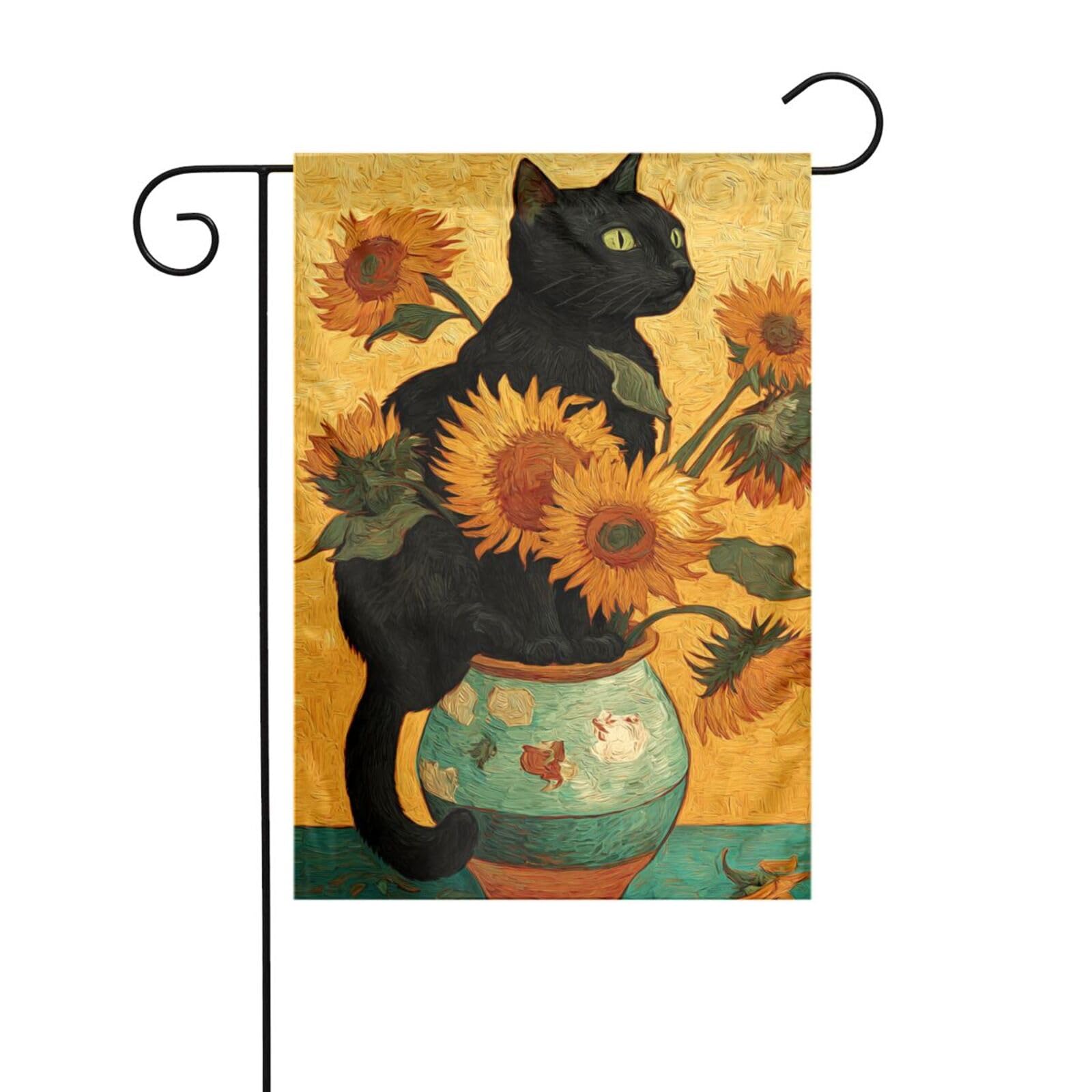 Black Cat Sitting On Sunflowers Vase Garden Flag 12x18 Vertical Double Sided Farmhouse Holiday Outside Decorations Yard Flag