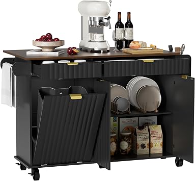 47" Kitchen Island with Wavy Door, Hidden Trash Storage & Drop-Leaf Countertop, Rolling Kitchen Cart with Spice Rack, Drawers and Locking Wheels, Mobile Island Table for Kitchen, Black
