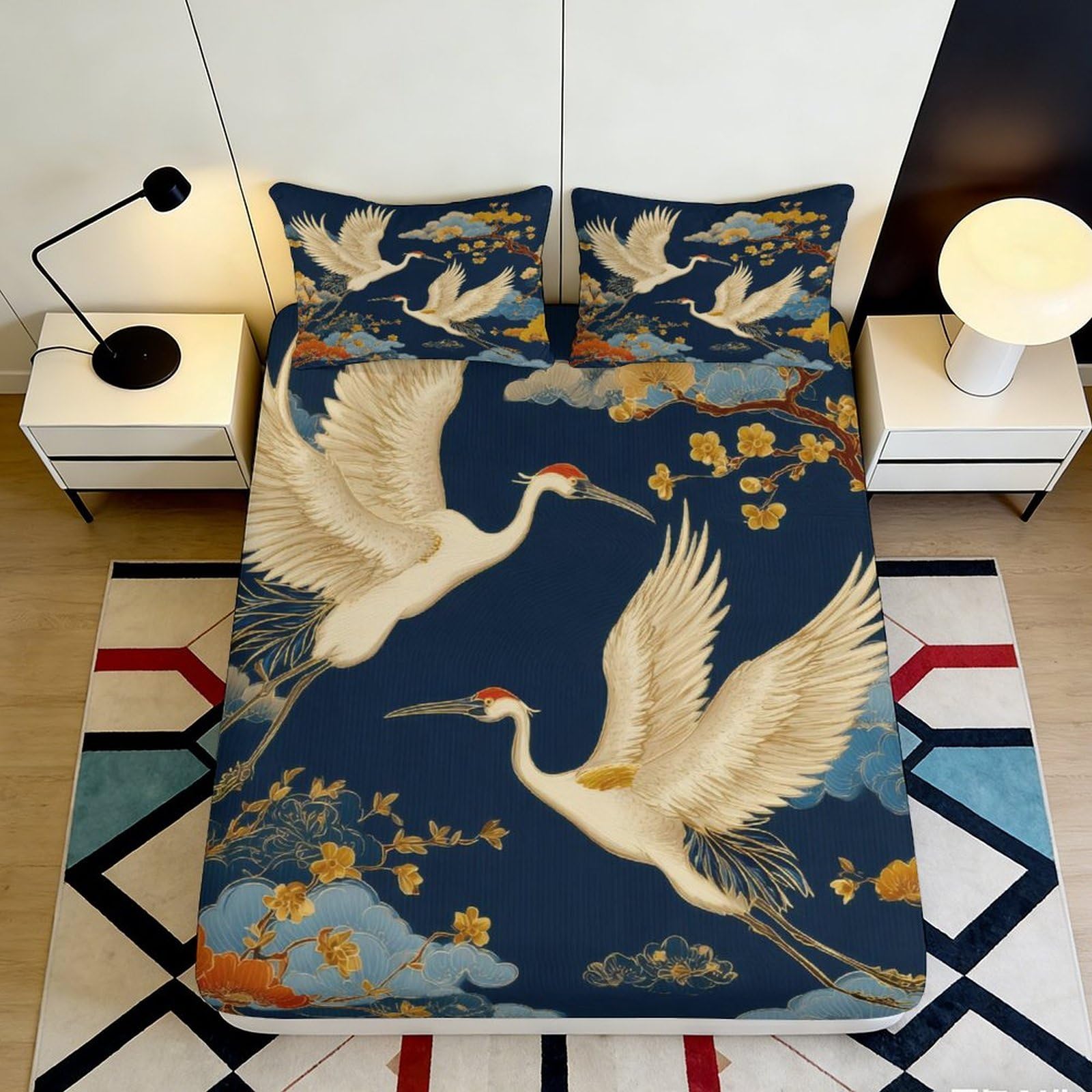 Pnayamiorkfel Style-10 3D Printed Japanese Crane Fitted Sheet Microfiber Anti-Slip Blue Floral Mattress Cover For Bedroom Guest Room 90X200x25cm