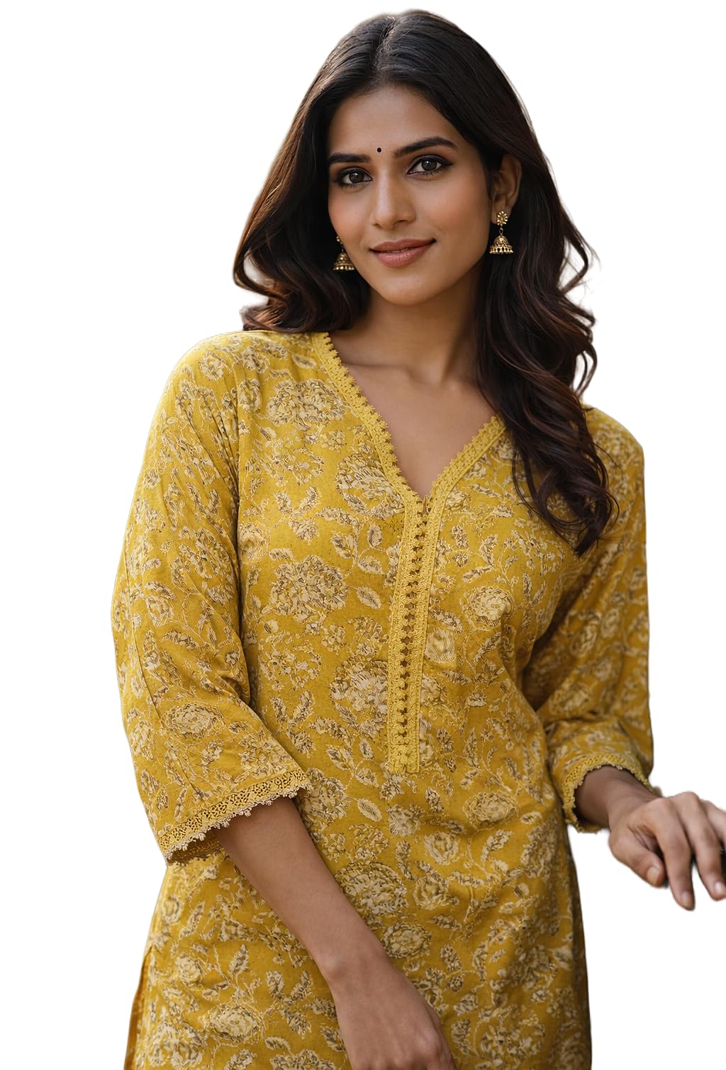 Lisha Women Mustard Yellow Cotton Kurti with White Floral Print V-Neck – Cotton Kurti for Women-picture-43