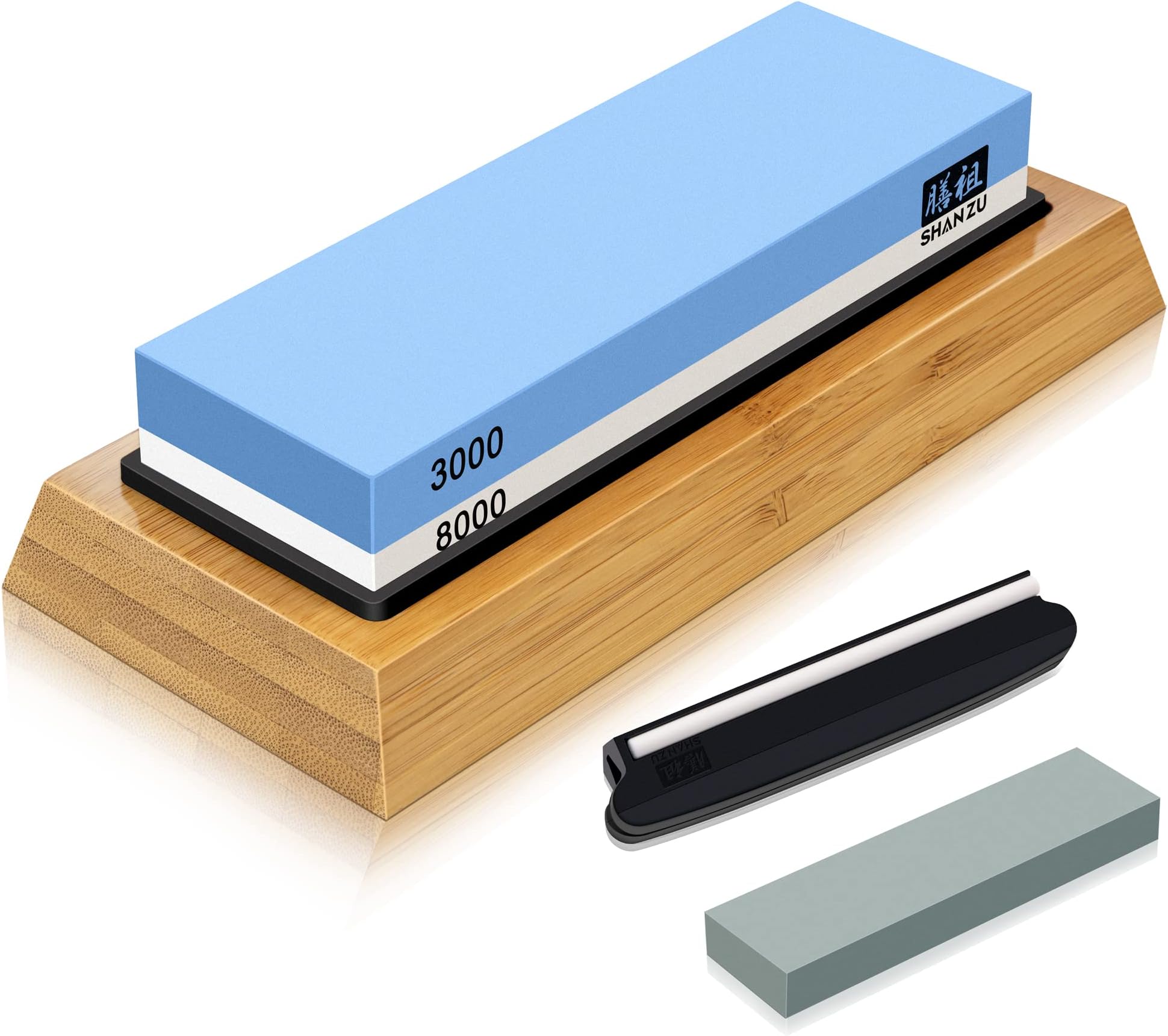 Whetstone Knife Sharpening Stone Knife Sharpeners with Angle Guide Flattening Stone Non-Slip Bamboo Base 2 Side Grit 3000/8000 Waterstone