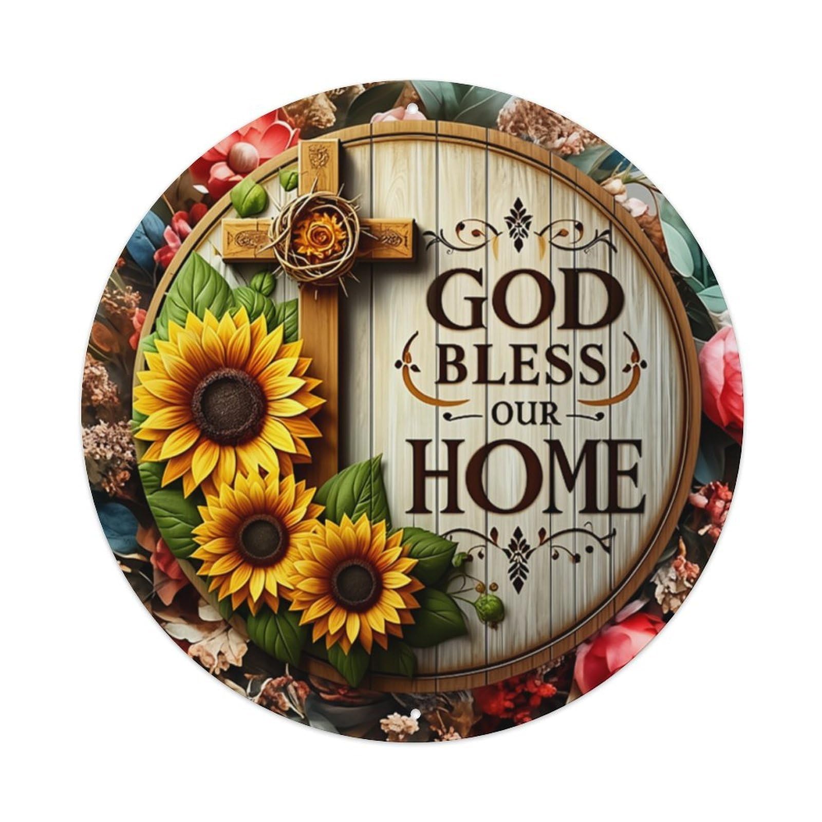 God Bless Our Home Wreath Round Tin Sign Vintage Metal Sign Home Bar Garden Indoor & Outdoor Wall Decor Retro Metal Poster 8x8 Inch