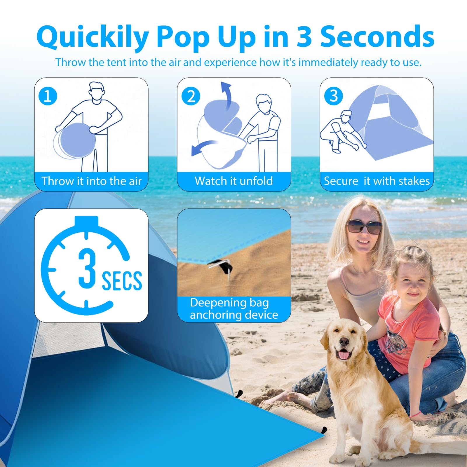 Tente de Plage Pop Up, Abri de Plage Automatique 1-2 Personnes, Tente Pare-Soleil avec Sac de Transport et Piquets, Protection Solaire UV UPF 50+, pour Protection Solaire Plage, Jardin