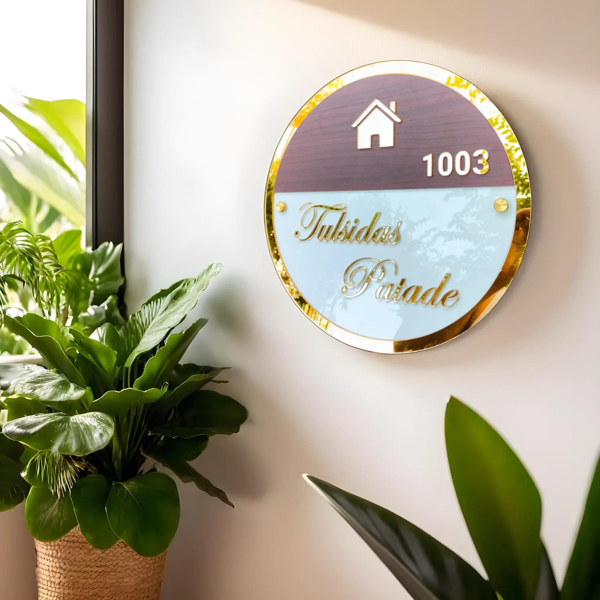 iCreations® Custom Round Nameplate with 3D Golden Letters for Home Décor (12 Inch) | Personalized Name Plate for Home Entrance | Wooden Name Plate for House, Door, Flat, and Outdoor Use-image-43