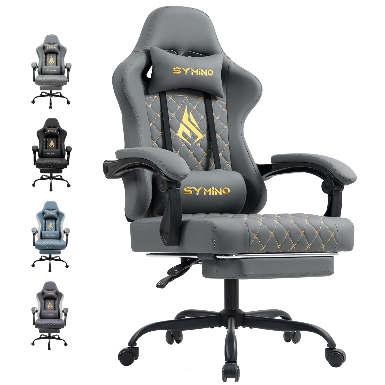 Gaming Chair with Footrest, Computer Ergonomic Video Game Chair, Adjustable Swivel Task Chair with Lumbar Support, PC Chairs, PU Leather Game Chairs for Adults, Grey