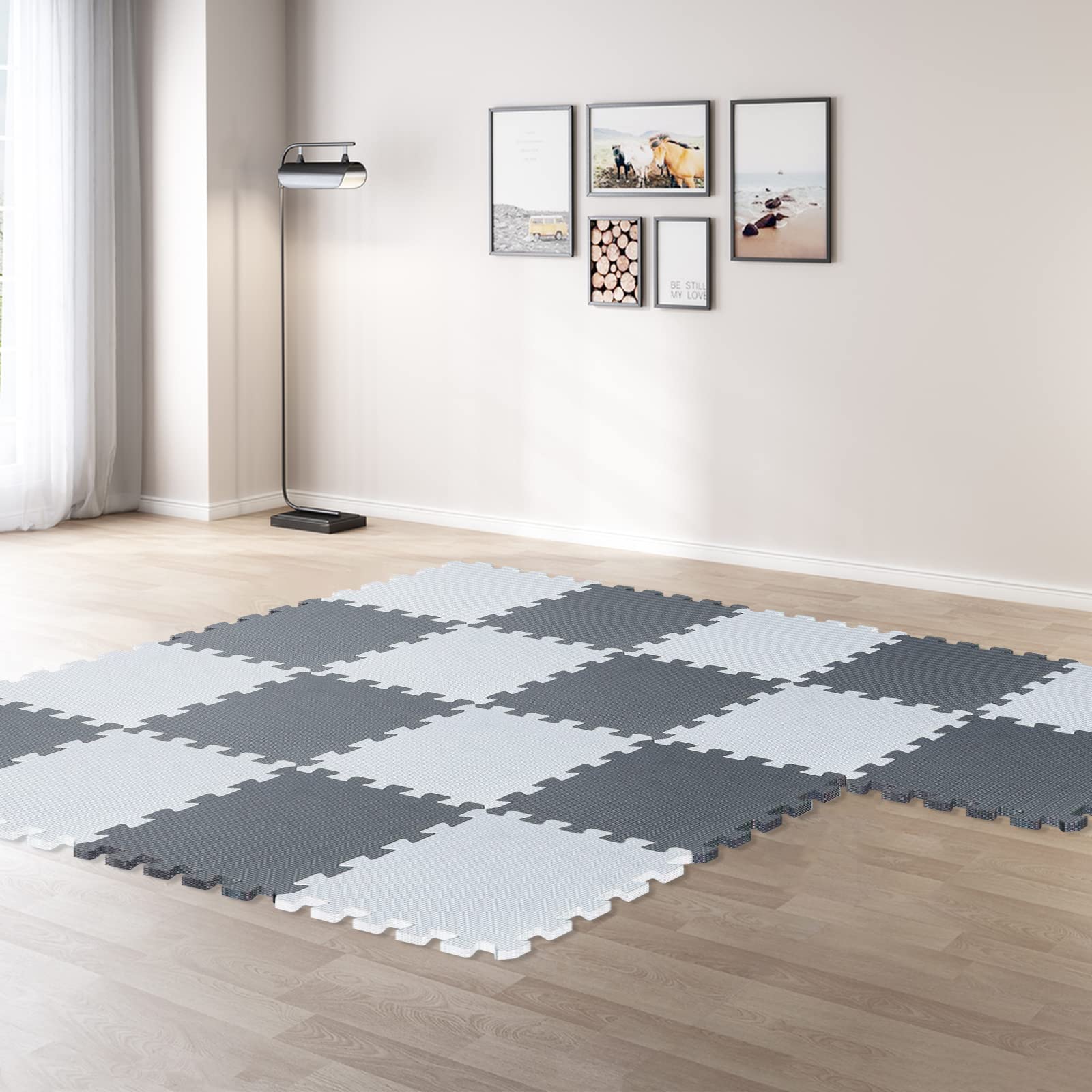 Tappeto in schiuma per puzzle, tappeto da pavimento, puzzle, tappeto in schiuma per bambini, multicolore per bambini, tappetino da strisciare, attivite, 30 x 30 x 1 cm (36 lastre, bianco + grigio