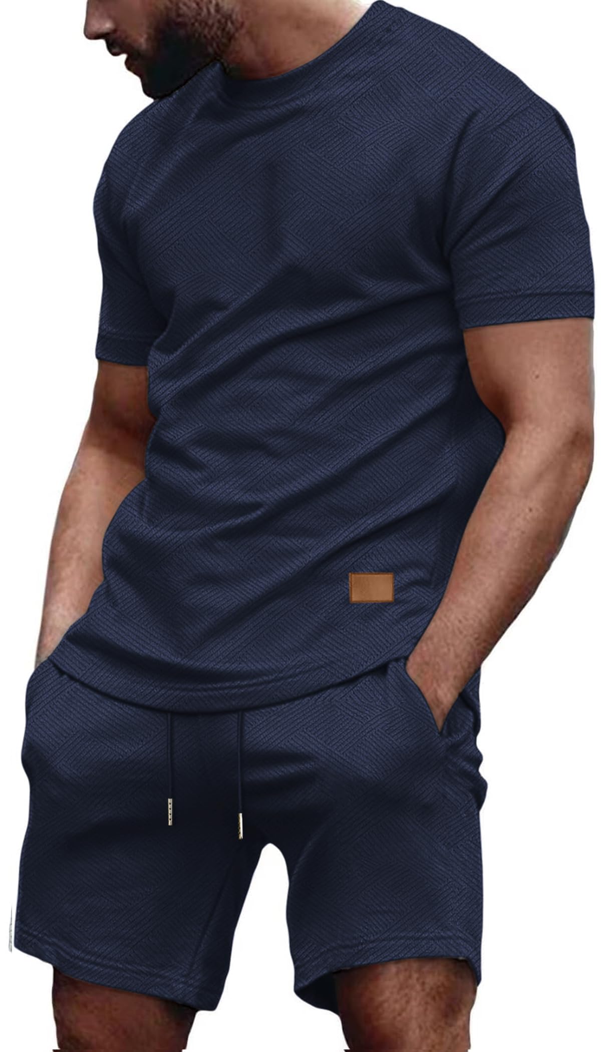 Vssjavun Mens Short Sets 2 Piece Outfits Short Sleeve Jacquard Knit Tracksuits Two Piece Outfits Casual Lounge Sets