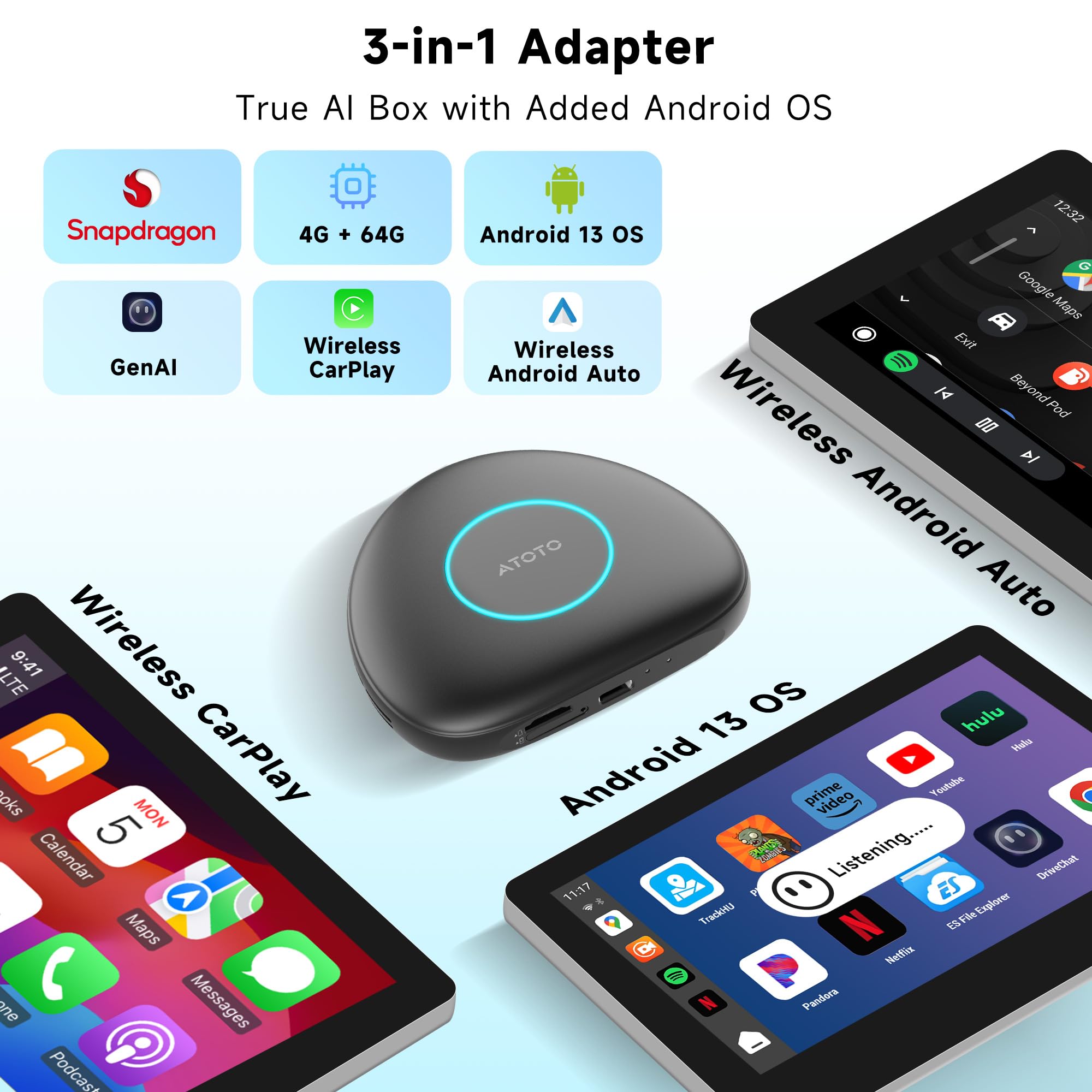 CB6 AI Box: Wireless CarPlay & Android Auto, 4G LTE, OBDII Scanner, Android OS, Universal Car Stereo Upgrade, 4GB RAM, 64GB Storage, OTA Updates