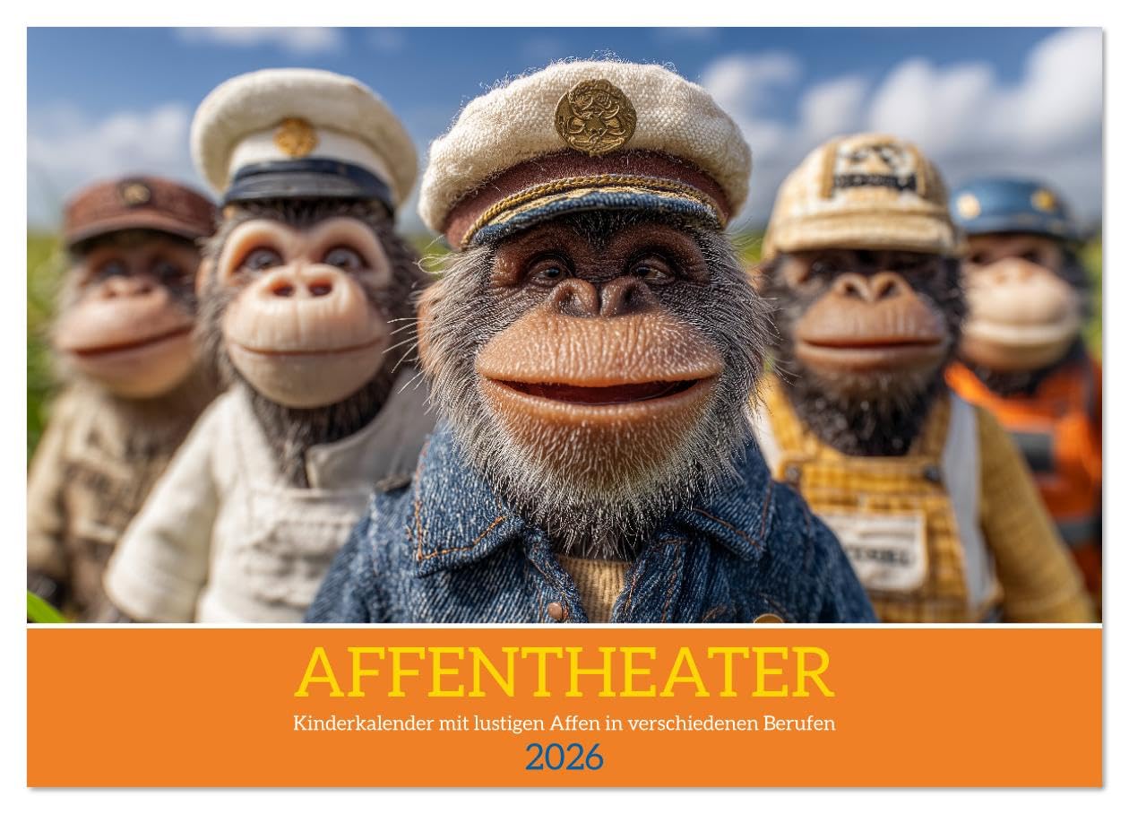 Affentheater - Kinderkalender mit lustigen Affen in verschiedenen Berufen (Wandkalender 2026 DIN A3 quer), CALVENDO Monatskalender: Süße und lustige Affen in Berufen begleiten Kinder durch das Jahr