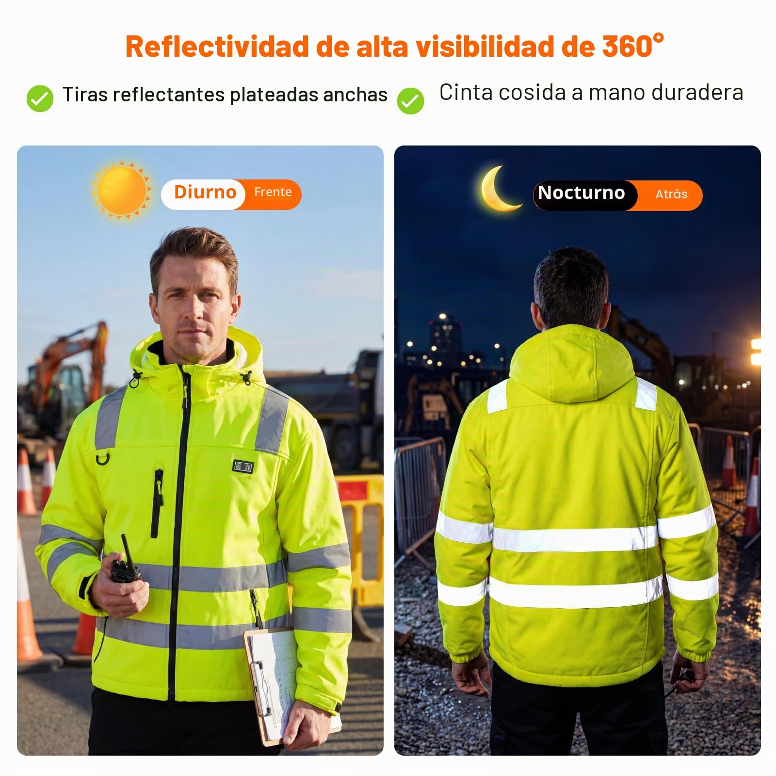 Chaqueta Polar Alta Visibilidad Calentada 4 en 1 para Hombre, Chaqueta de Soldadura Ligera - Batería de 16000 mAh Chaqueta Softshell de Advertencia con 6 Zonas de Calefacción incl Reflectores