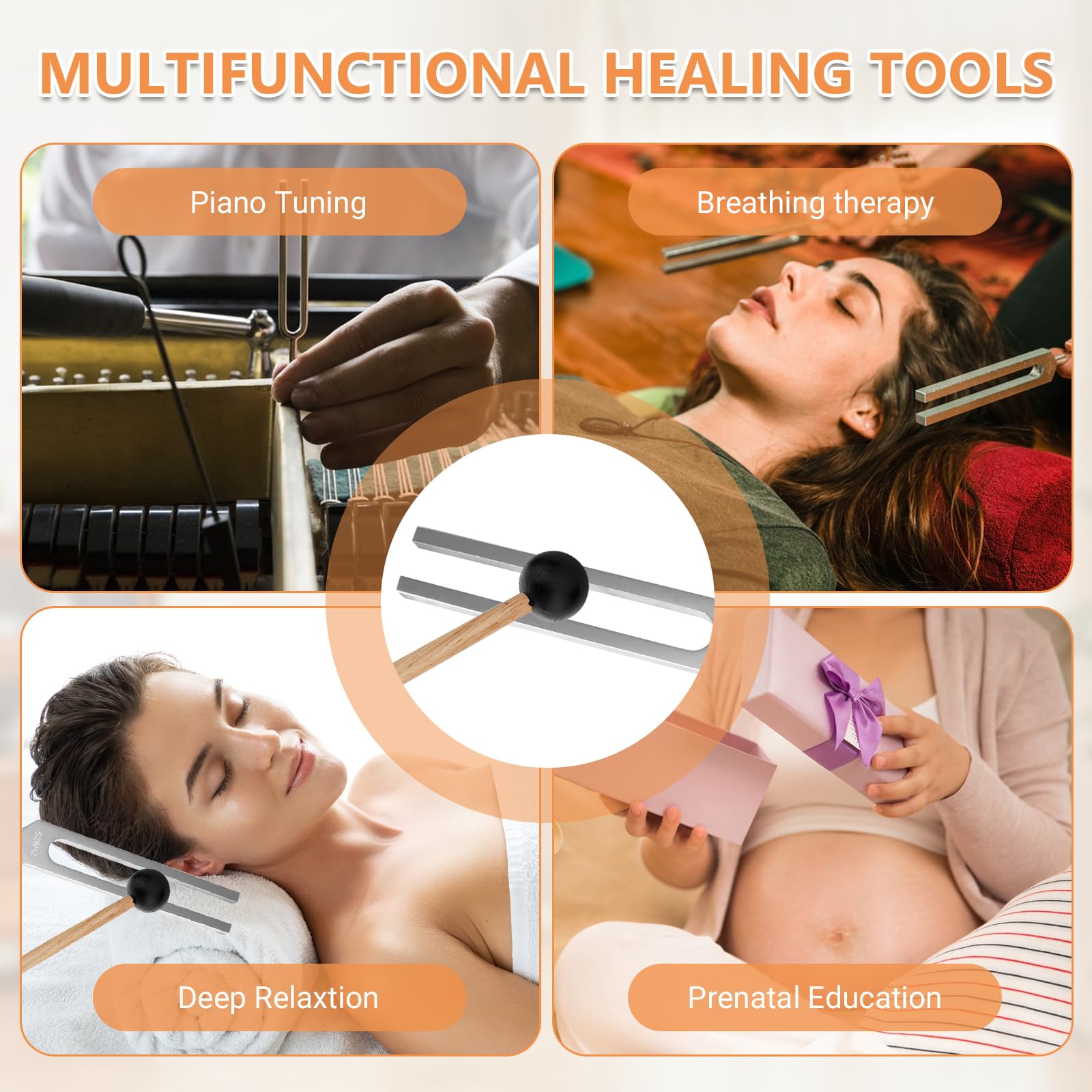 Juego de diapasón de 512 Hz, aleación de aluminio, terapia de frecuencia, diapasón, neurología, con martillo de silicona, base triangular y silicona, paño de limpieza, bolsa de terciopelo suave